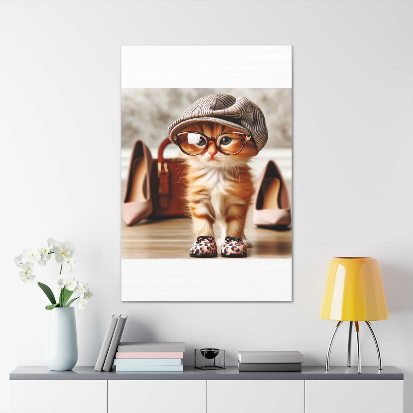 Canvas Wall Art - Cool Cat With Lady Shoes, Cap, and Eyeglasses