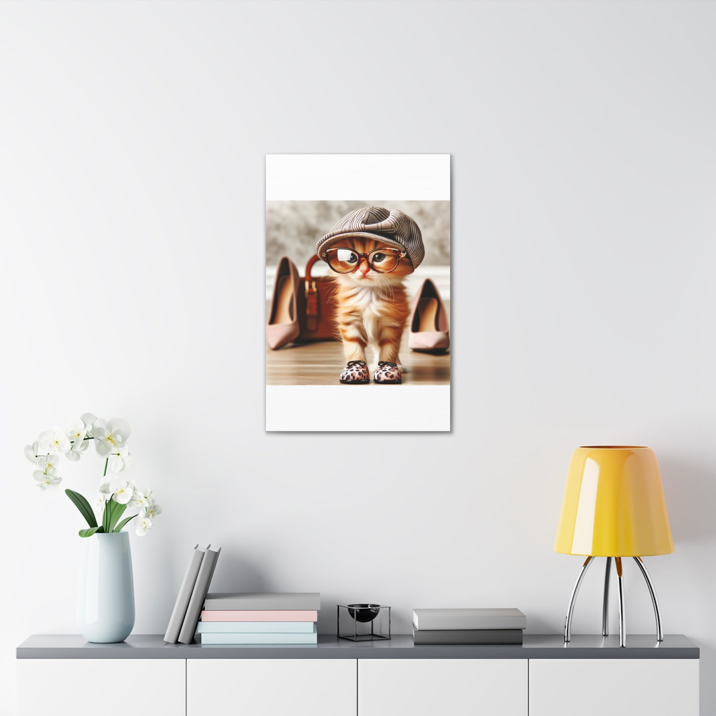 Canvas Wall Art - Cool Cat With Lady Shoes, Cap, and Eyeglasses