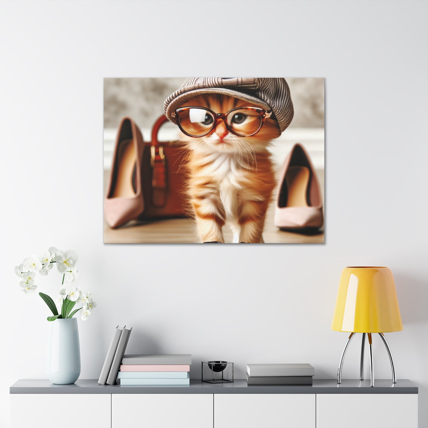 Canvas Wall Art - Cool Cat With Lady Shoes, Cap, and Eyeglasses