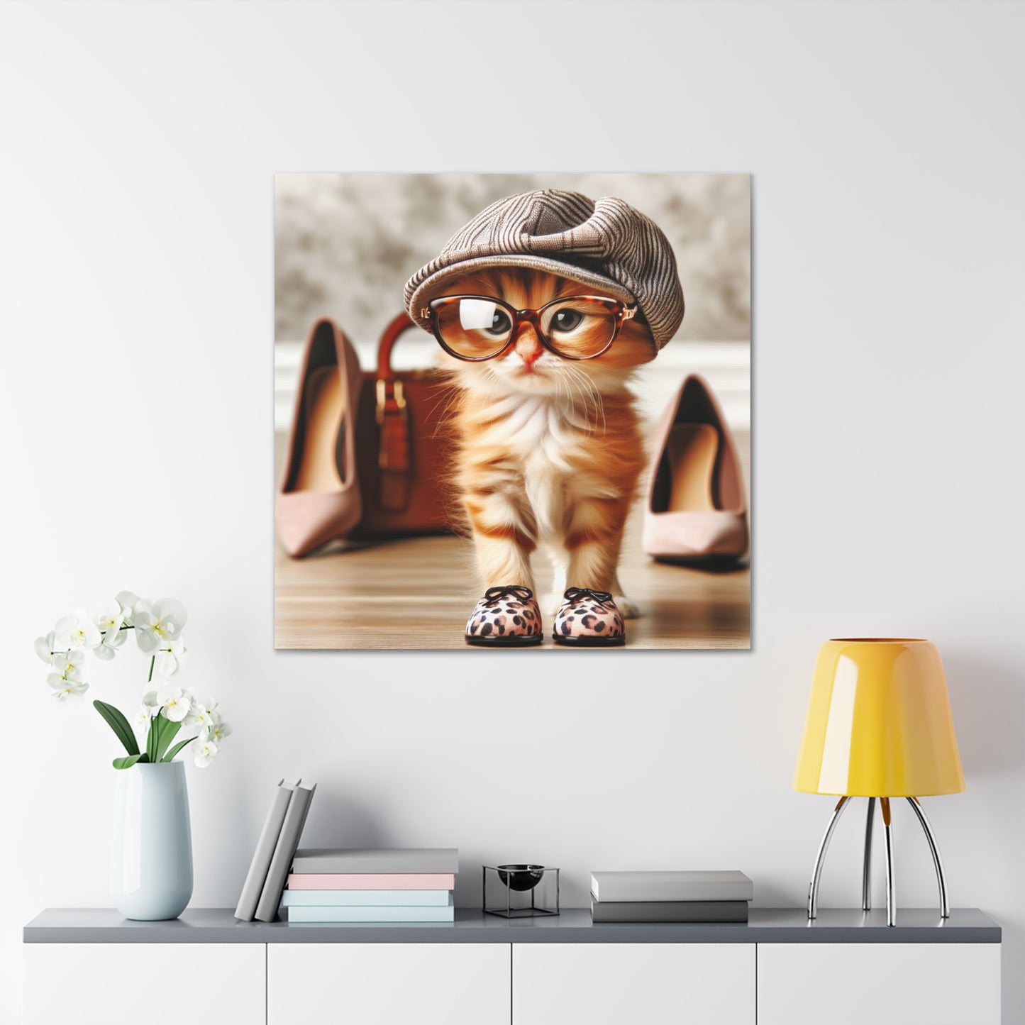 Canvas Wall Art - Cool Cat With Lady Shoes, Cap, and Eyeglasses