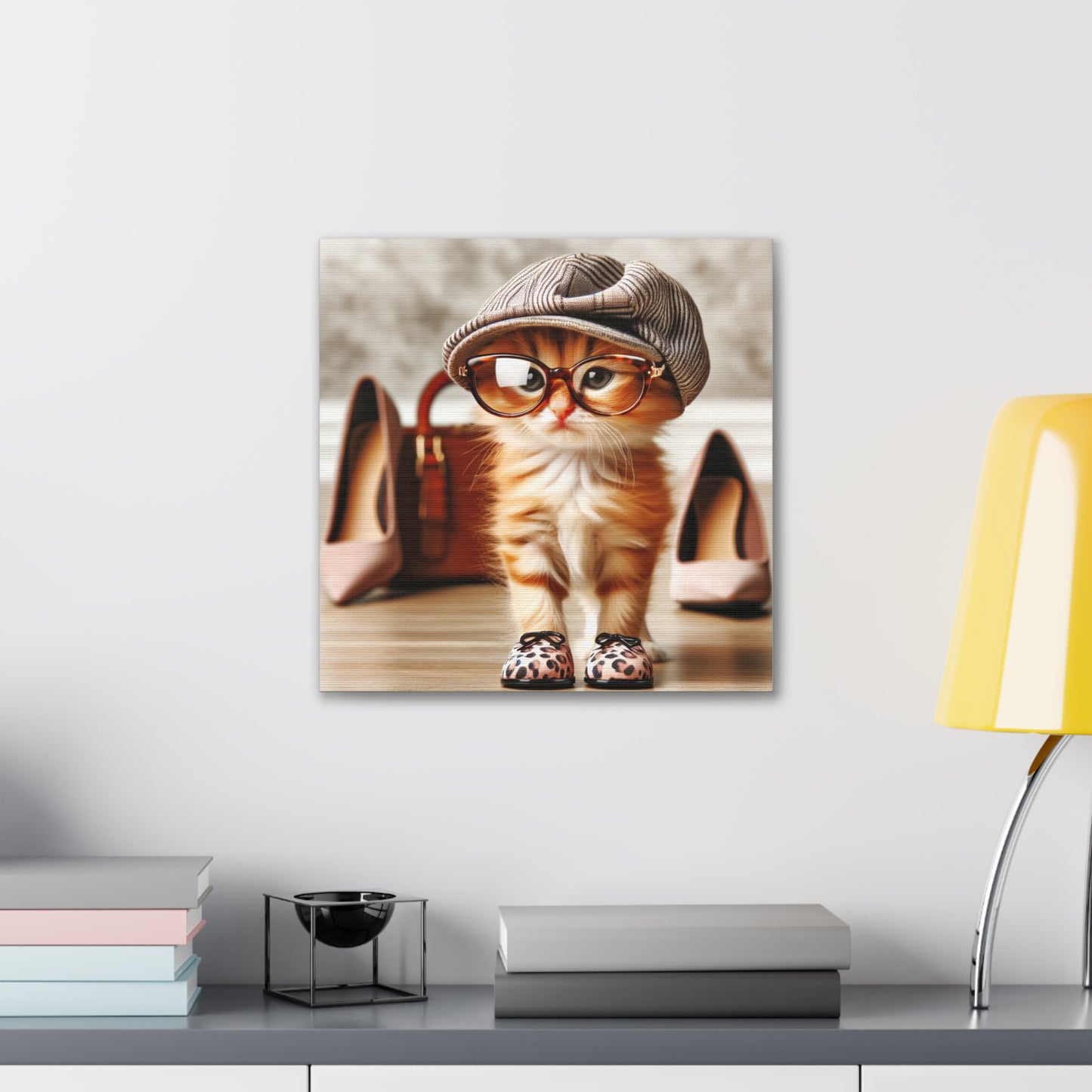 Canvas Wall Art - Cool Cat With Lady Shoes, Cap, and Eyeglasses