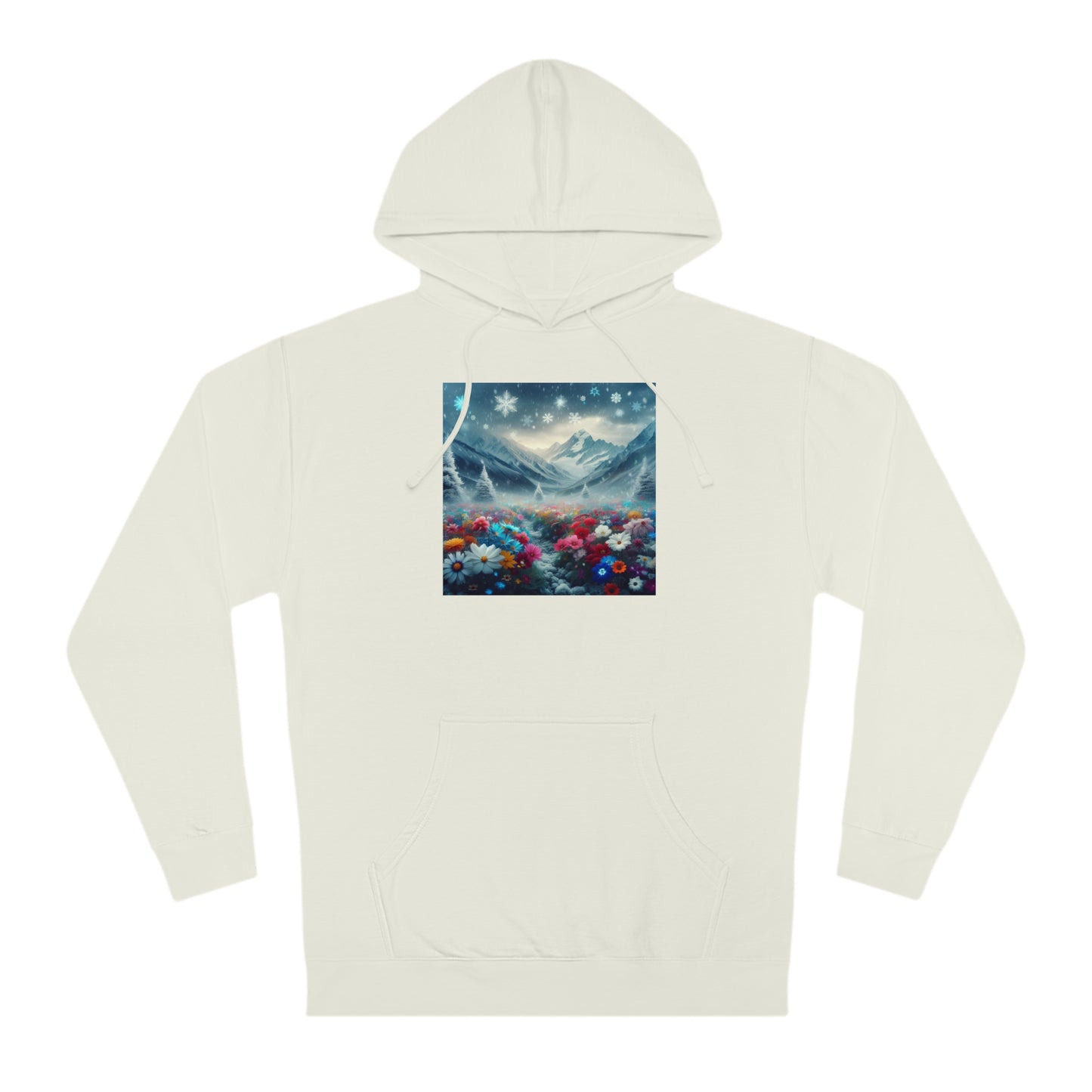 Snowing on the Mountain of Flowers Hoodie, Floral Winter Sweatshirt, Nature Lover Gift, Cozy Mountain View Pullover, Snowy Botanical Hoodie,