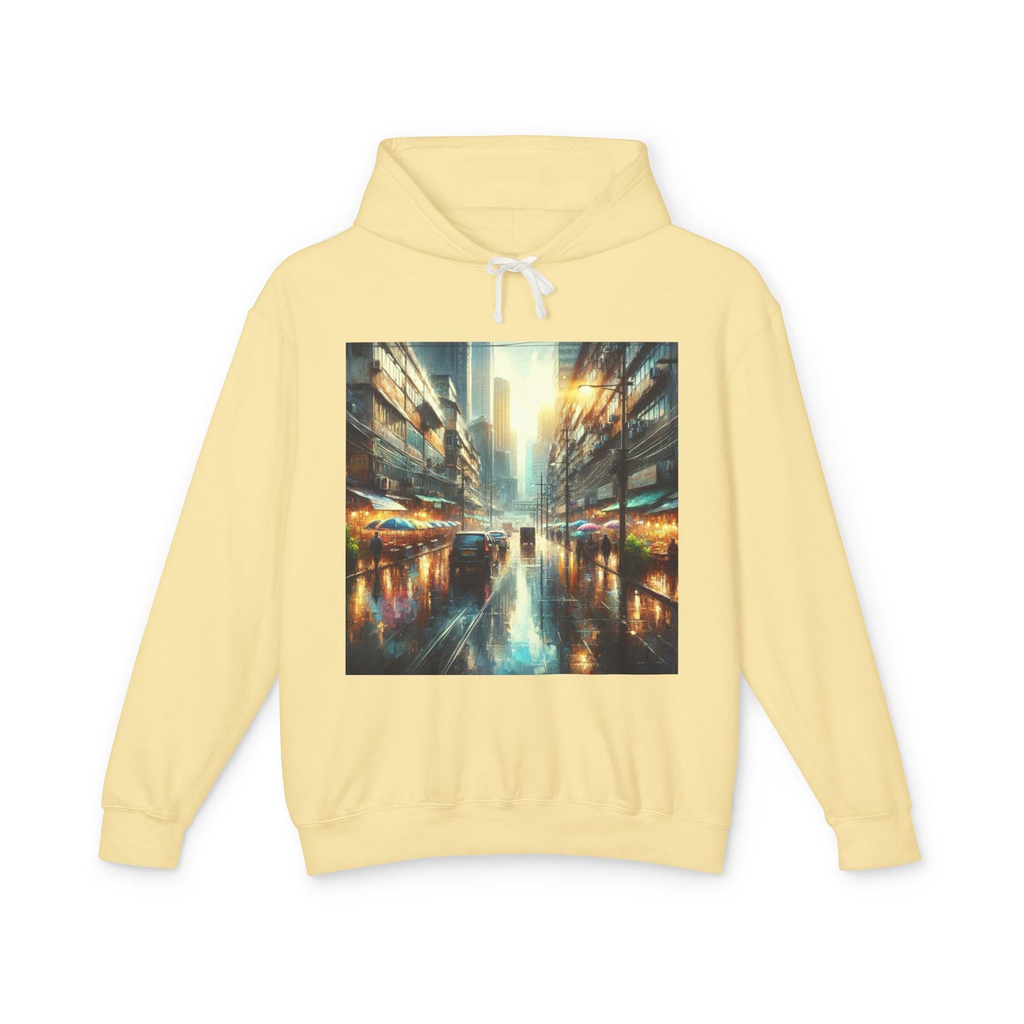 Rainy Sunny Day Lightweight Hoodie, Moody Urban Landscape Sweatshirt, High Contrast Street Photography Pullover, Cityscape Hooded Top,