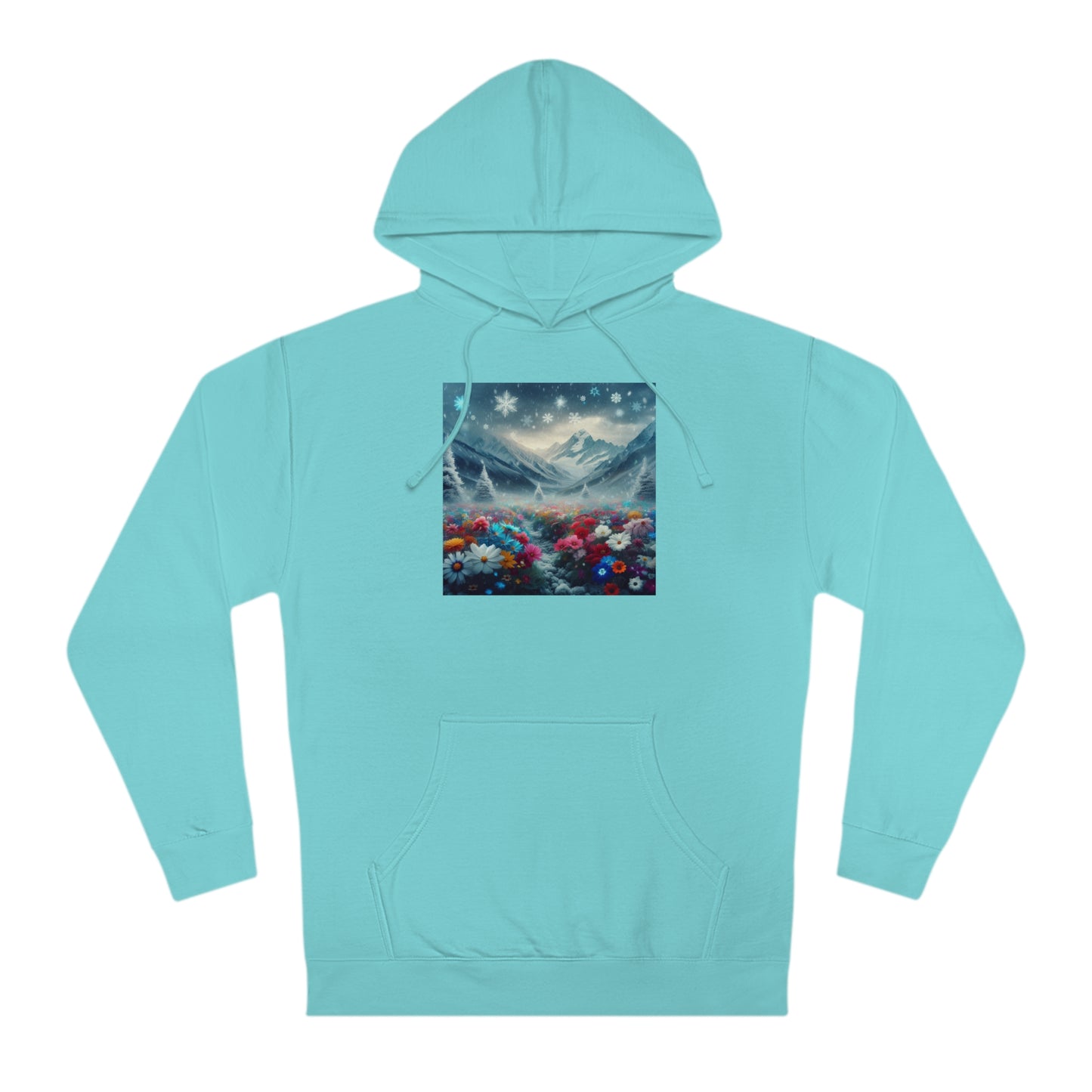 Snowing on the Mountain of Flowers Hoodie, Floral Winter Sweatshirt, Nature Lover Gift, Cozy Mountain View Pullover, Snowy Botanical Hoodie,