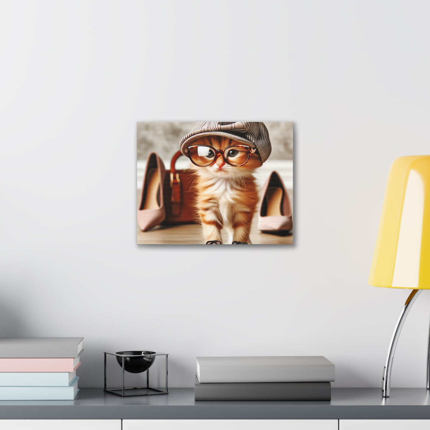 Canvas Wall Art - Cool Cat With Lady Shoes, Cap, and Eyeglasses