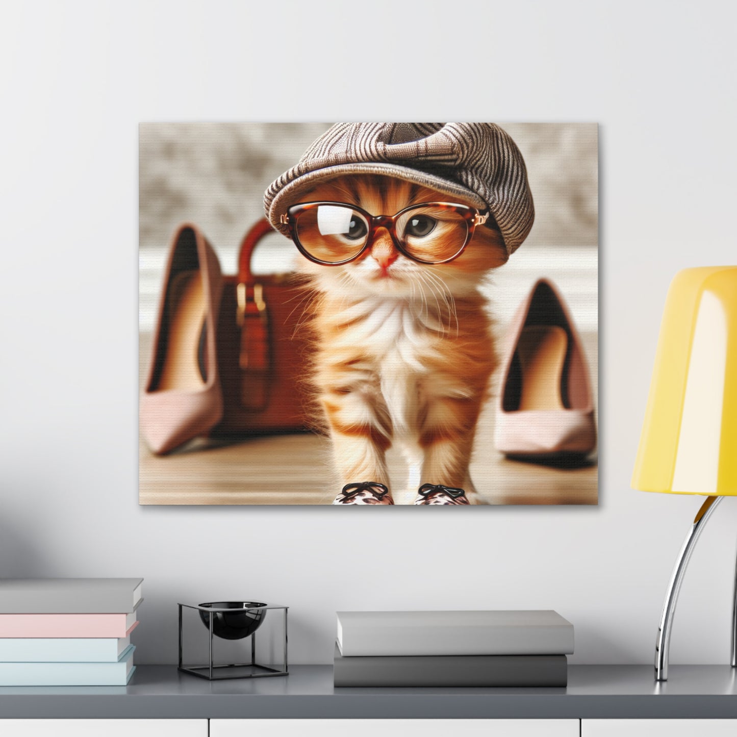 Canvas Wall Art - Cool Cat With Lady Shoes, Cap, and Eyeglasses