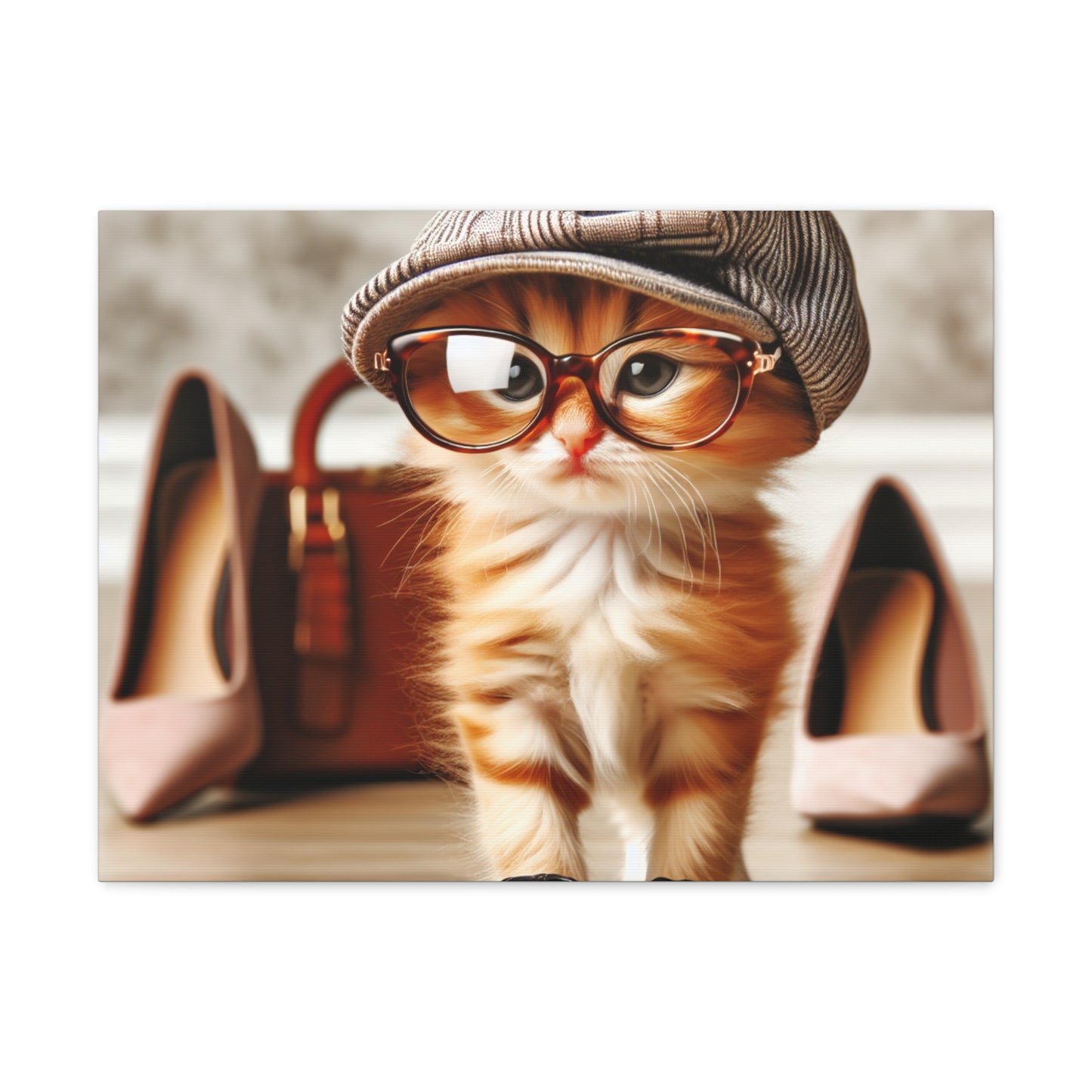 Canvas Wall Art - Cool Cat With Lady Shoes, Cap, and Eyeglasses