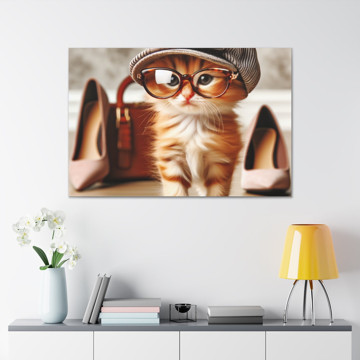 Canvas Wall Art - Cool Cat With Lady Shoes, Cap, and Eyeglasses