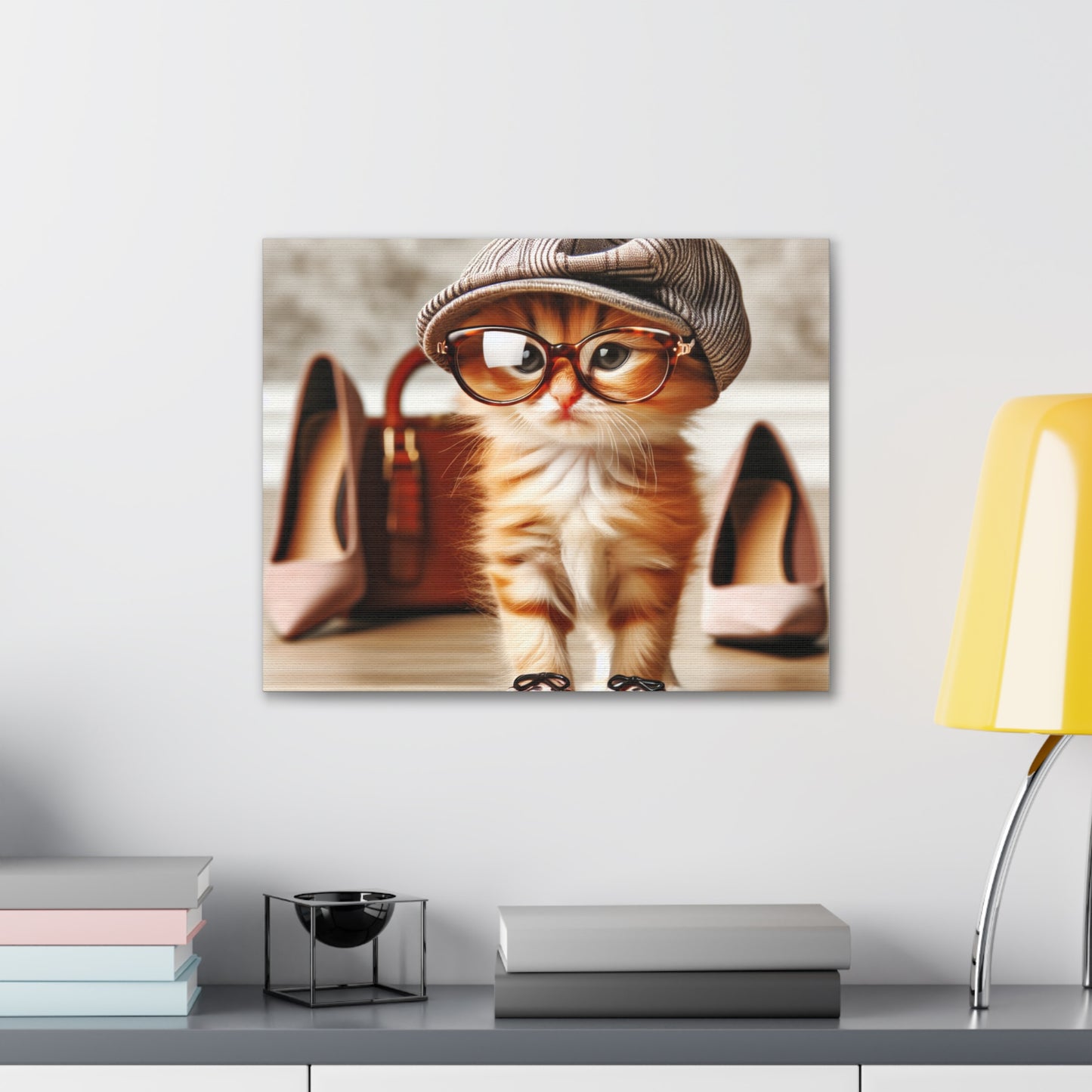 Canvas Wall Art - Cool Cat With Lady Shoes, Cap, and Eyeglasses