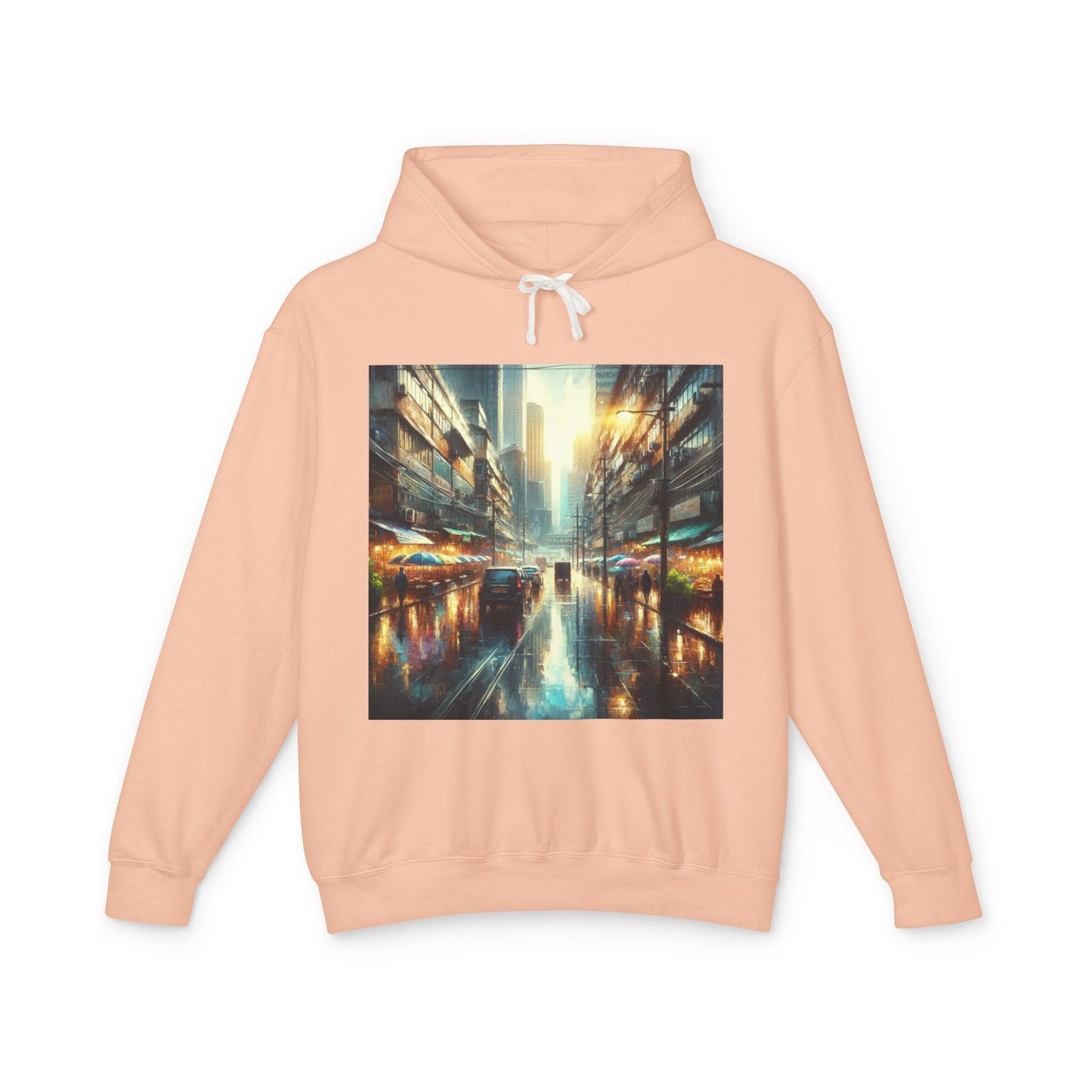 Rainy Sunny Day Lightweight Hoodie, Moody Urban Landscape Sweatshirt, High Contrast Street Photography Pullover, Cityscape Hooded Top,