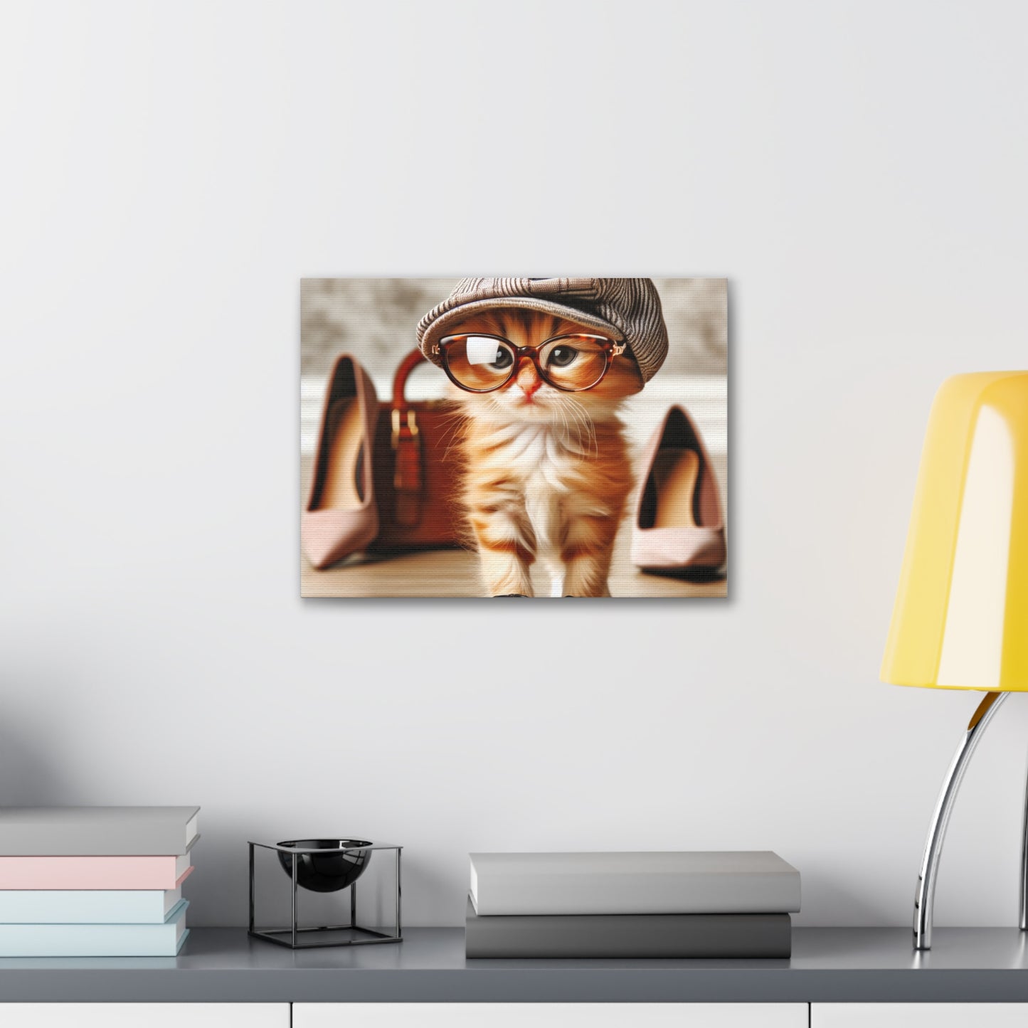 Canvas Wall Art - Cool Cat With Lady Shoes, Cap, and Eyeglasses