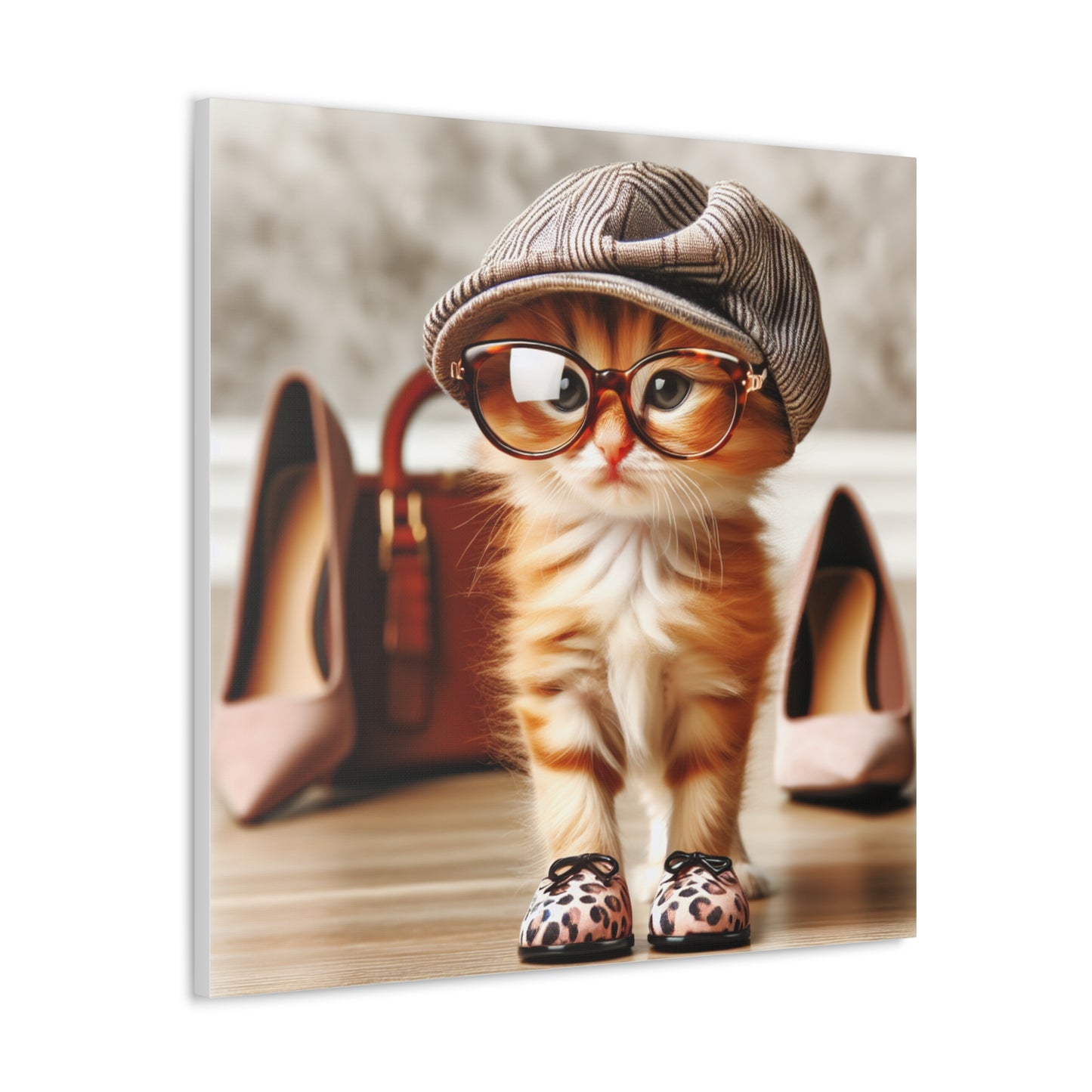 Canvas Wall Art - Cool Cat With Lady Shoes, Cap, and Eyeglasses