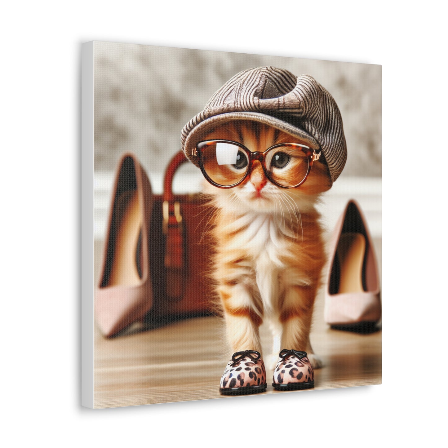 Canvas Wall Art - Cool Cat With Lady Shoes, Cap, and Eyeglasses