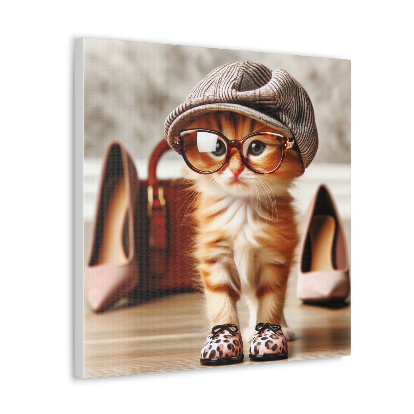 Canvas Wall Art - Cool Cat With Lady Shoes, Cap, and Eyeglasses