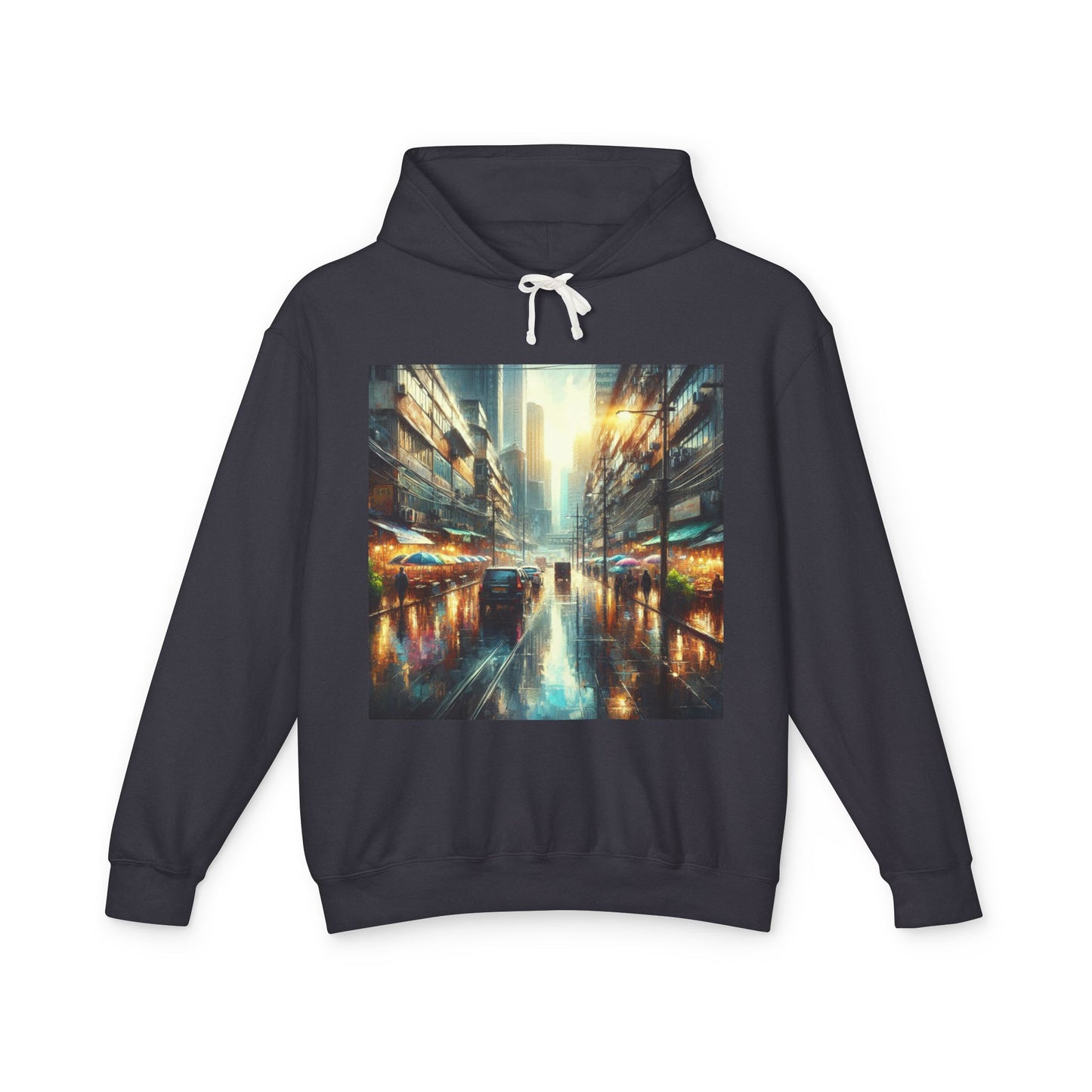 Rainy Sunny Day Lightweight Hoodie, Moody Urban Landscape Sweatshirt, High Contrast Street Photography Pullover, Cityscape Hooded Top,