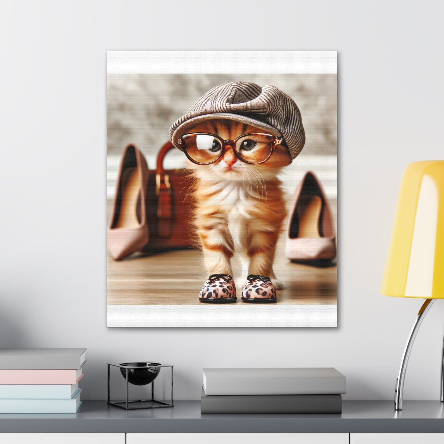 Canvas Wall Art - Cool Cat With Lady Shoes, Cap, and Eyeglasses