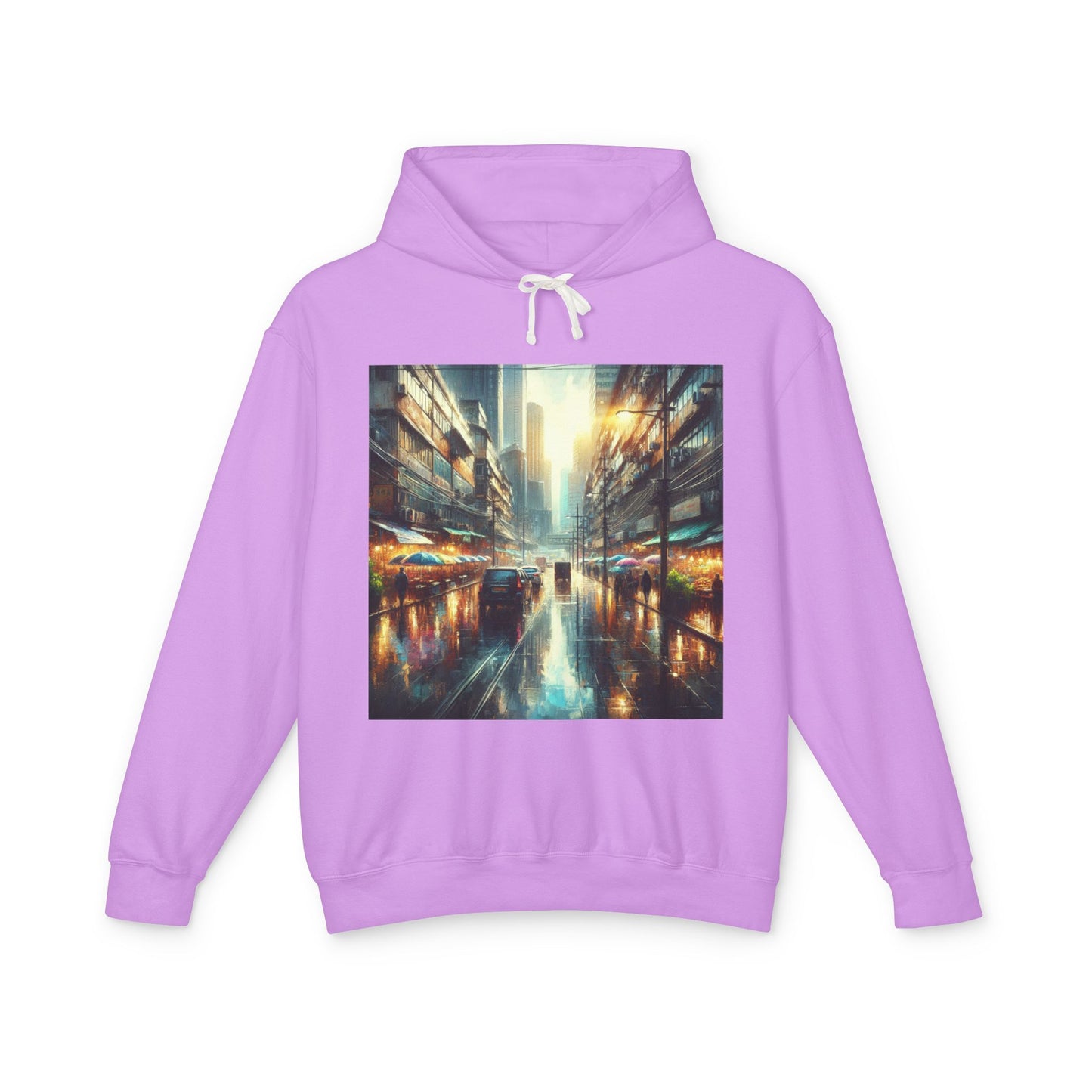 Rainy Sunny Day Lightweight Hoodie, Moody Urban Landscape Sweatshirt, High Contrast Street Photography Pullover, Cityscape Hooded Top,