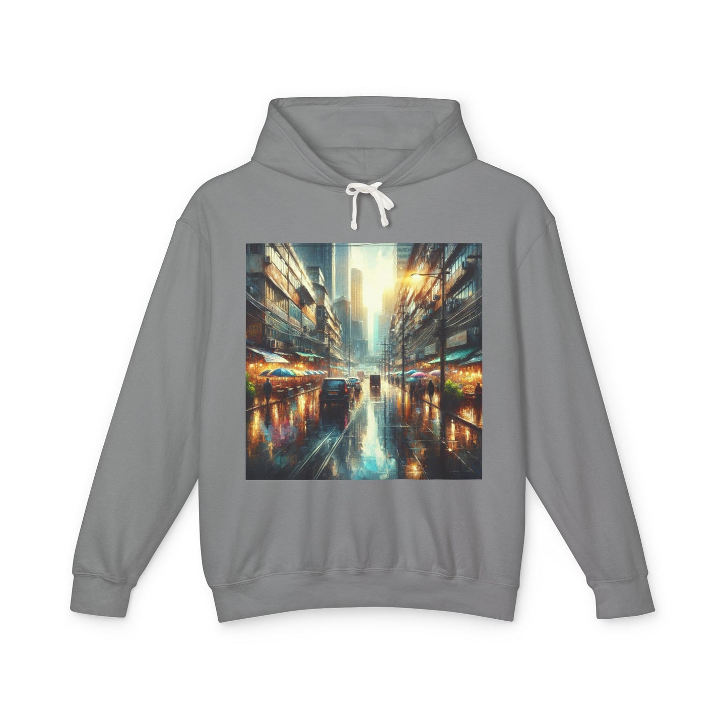 Rainy Sunny Day Lightweight Hoodie, Moody Urban Landscape Sweatshirt, High Contrast Street Photography Pullover, Cityscape Hooded Top,