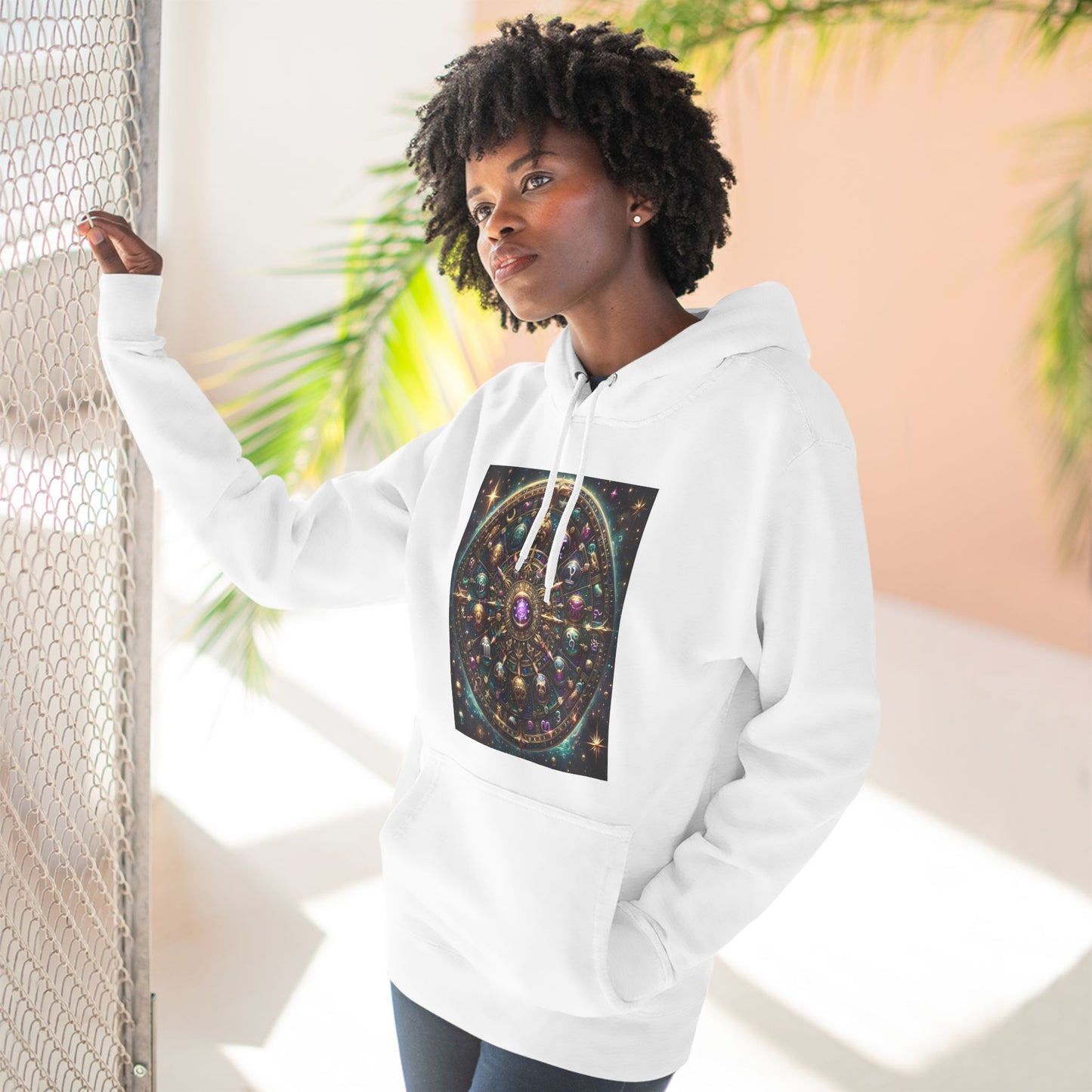 Zodiac Wheel Three-Panel Fleece Hoodie, Astrology Enthusiasts Gift, Mystical Zodiac Signs, Cosmic Vibes, Starry Background, Metallic Design,