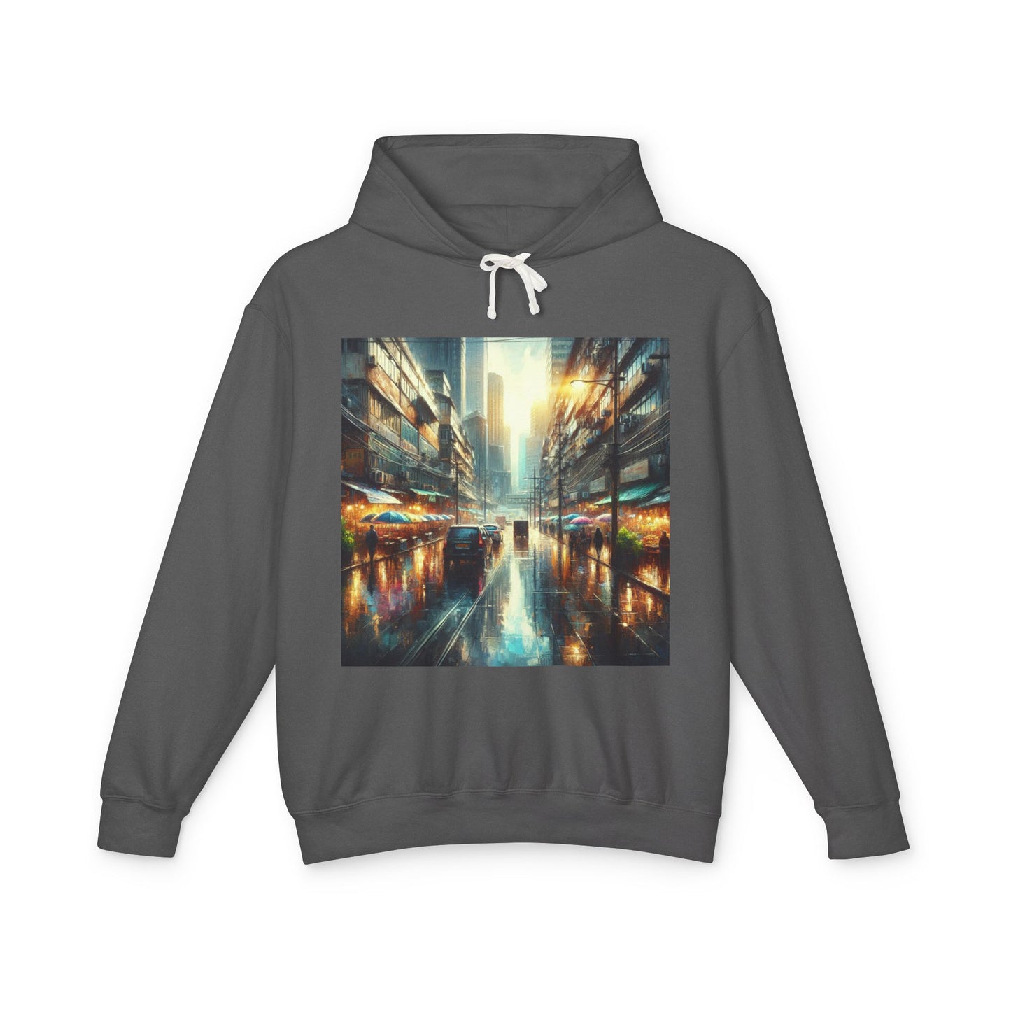 Rainy Sunny Day Lightweight Hoodie, Moody Urban Landscape Sweatshirt, High Contrast Street Photography Pullover, Cityscape Hooded Top,