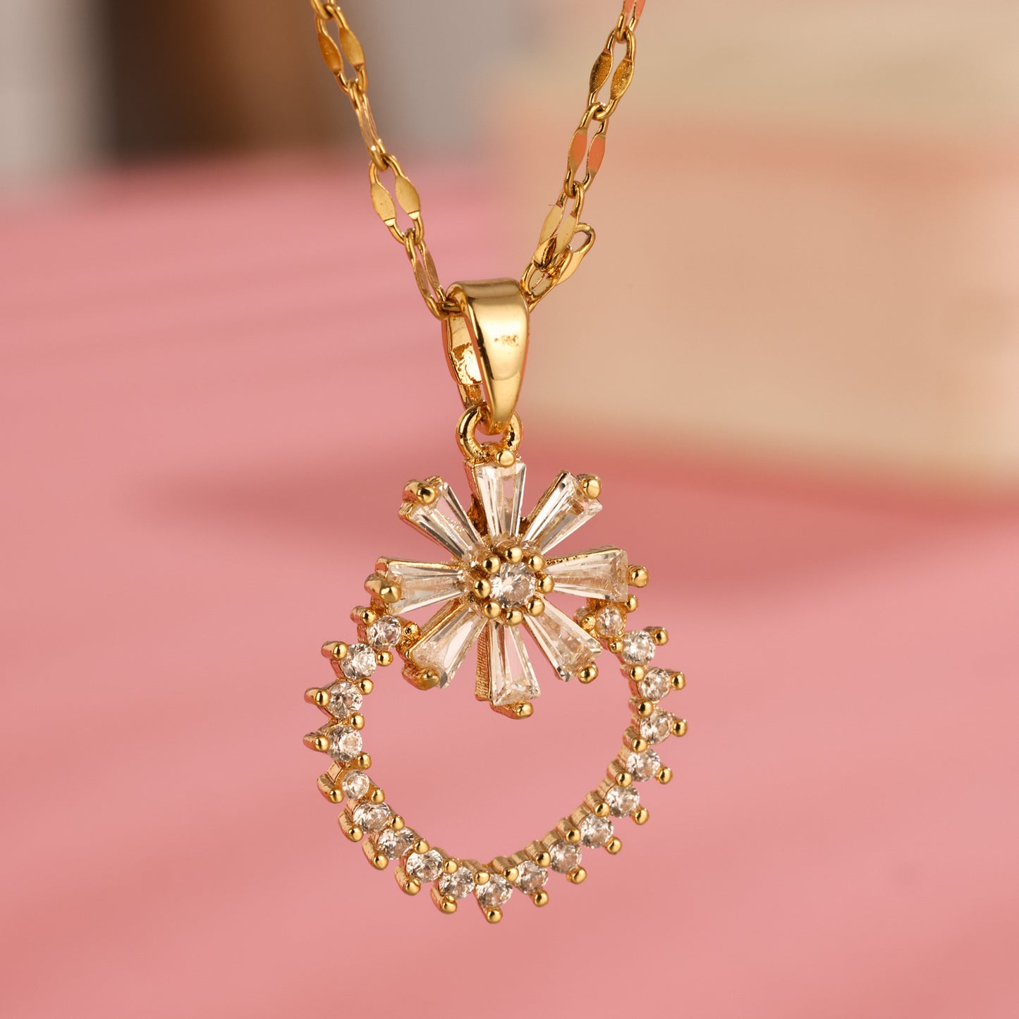 Gold Necklace with Zircon Flower Pendant – Instagram Trendy Geometric Small Flower Design