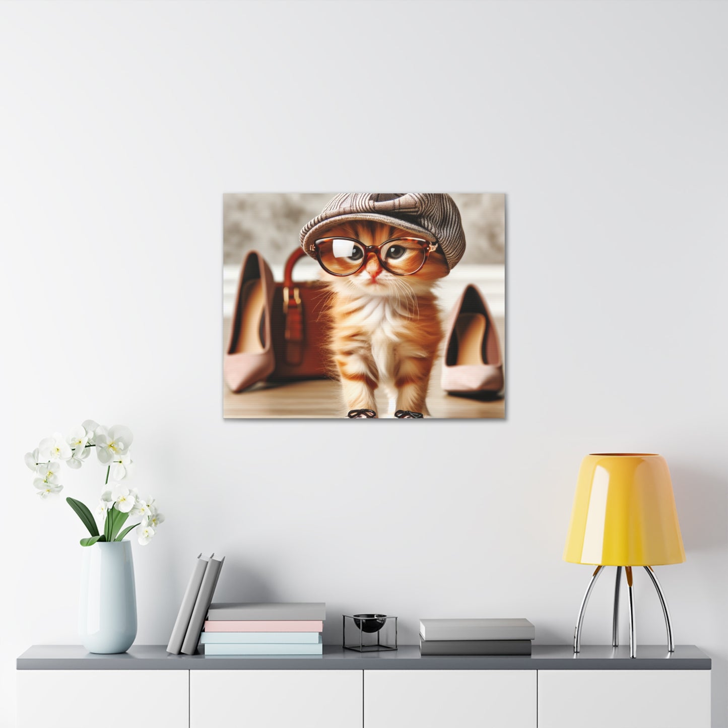 Canvas Wall Art - Cool Cat With Lady Shoes, Cap, and Eyeglasses