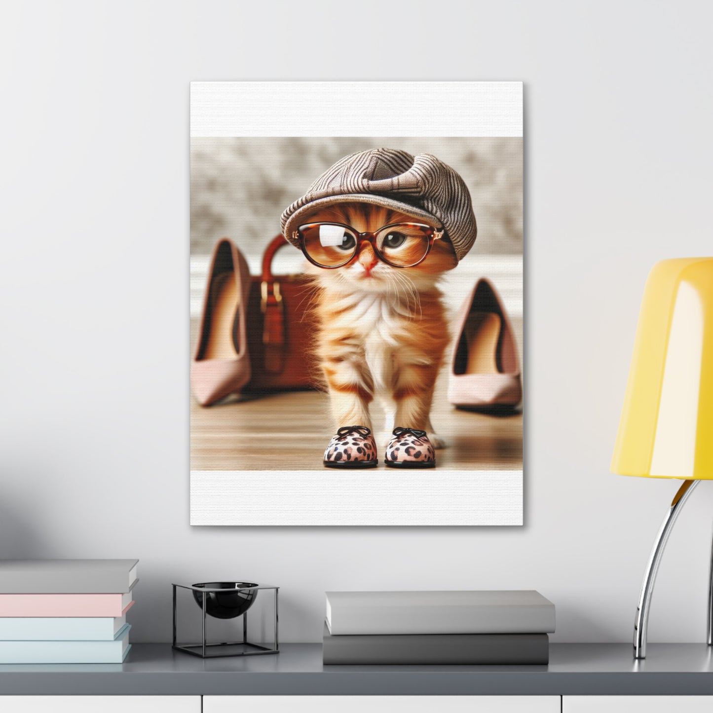 Canvas Wall Art - Cool Cat With Lady Shoes, Cap, and Eyeglasses