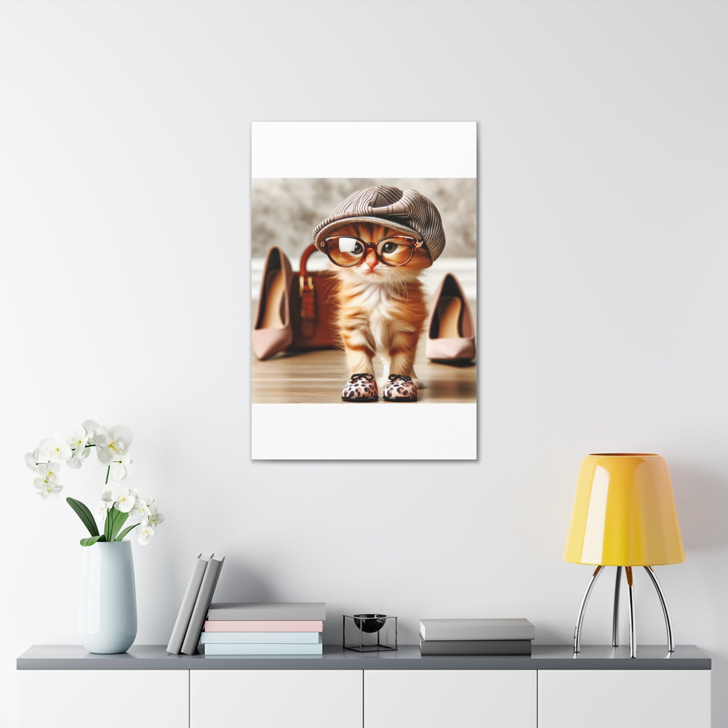 Canvas Wall Art - Cool Cat With Lady Shoes, Cap, and Eyeglasses