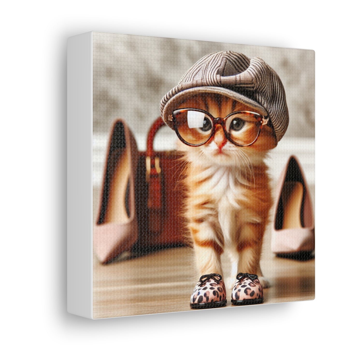 Canvas Wall Art - Cool Cat With Lady Shoes, Cap, and Eyeglasses