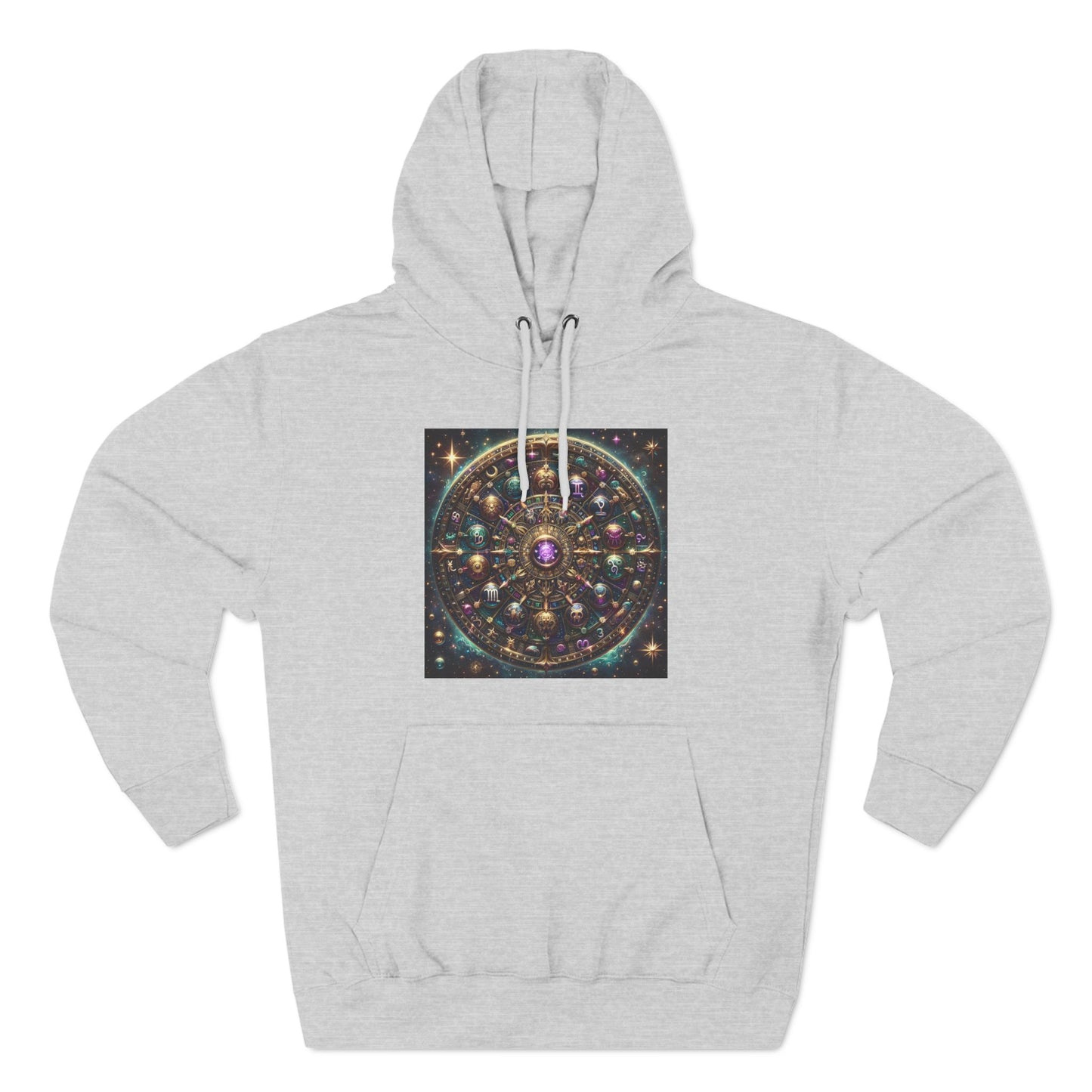 Zodiac Wheel Three-Panel Fleece Hoodie, Astrology Enthusiasts Gift, Mystical Zodiac Signs, Cosmic Vibes, Starry Background, Metallic Design,