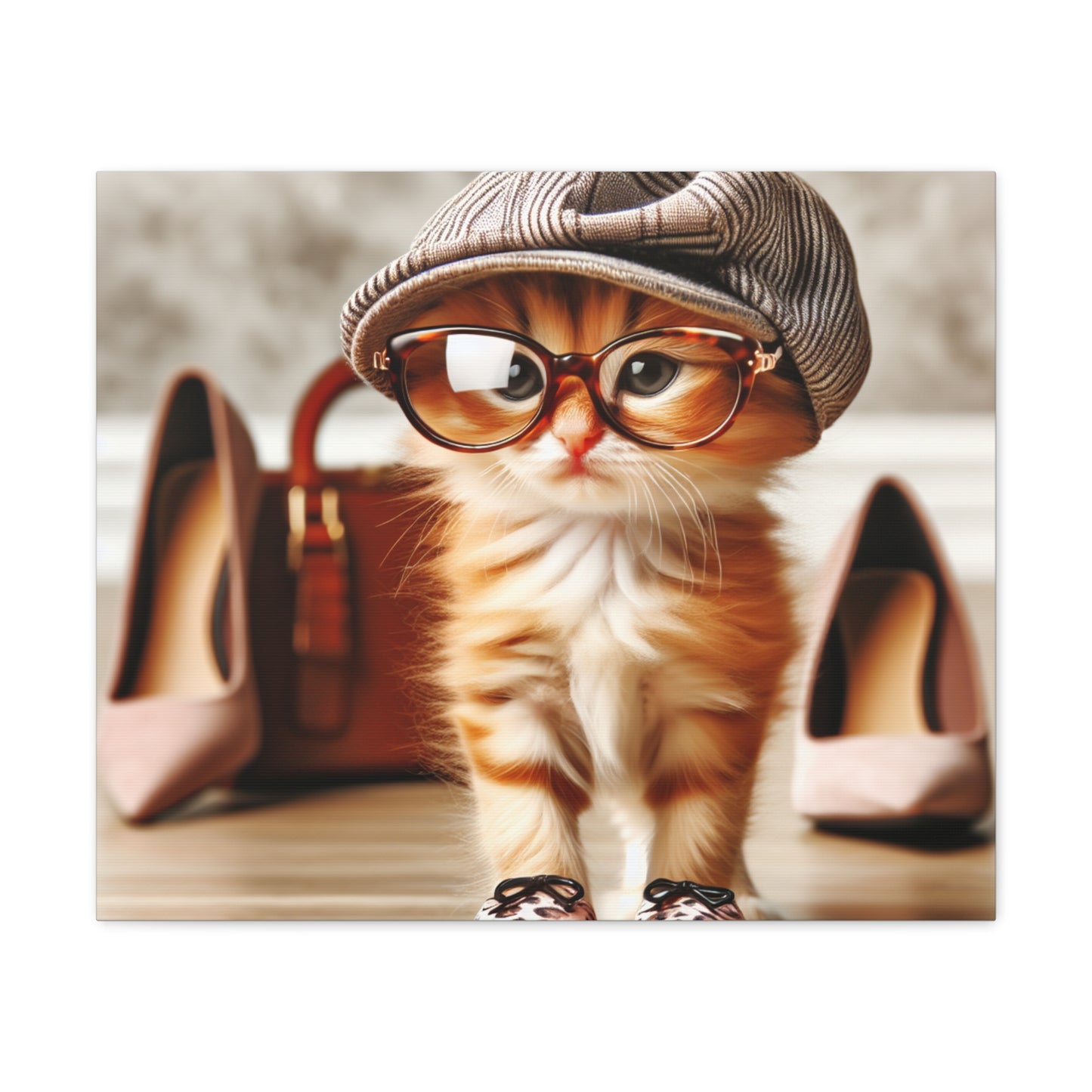 Canvas Wall Art - Cool Cat With Lady Shoes, Cap, and Eyeglasses