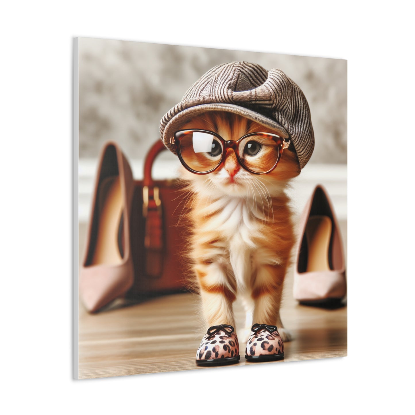 Canvas Wall Art - Cool Cat With Lady Shoes, Cap, and Eyeglasses