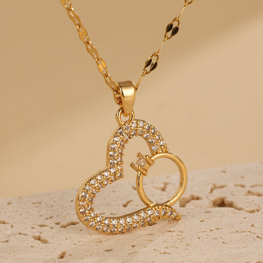 Japanese & Korean Full Diamond Heart-Shaped Zircon Ring Pendant Necklace – Minimalist & Niche Design