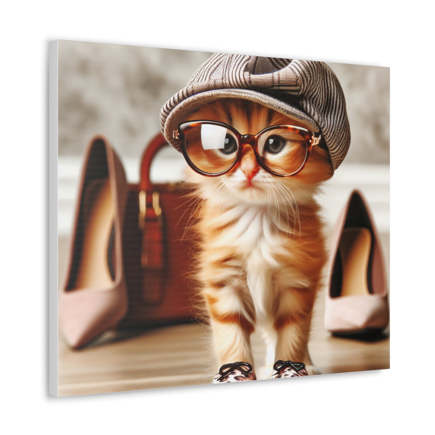 Canvas Wall Art - Cool Cat With Lady Shoes, Cap, and Eyeglasses