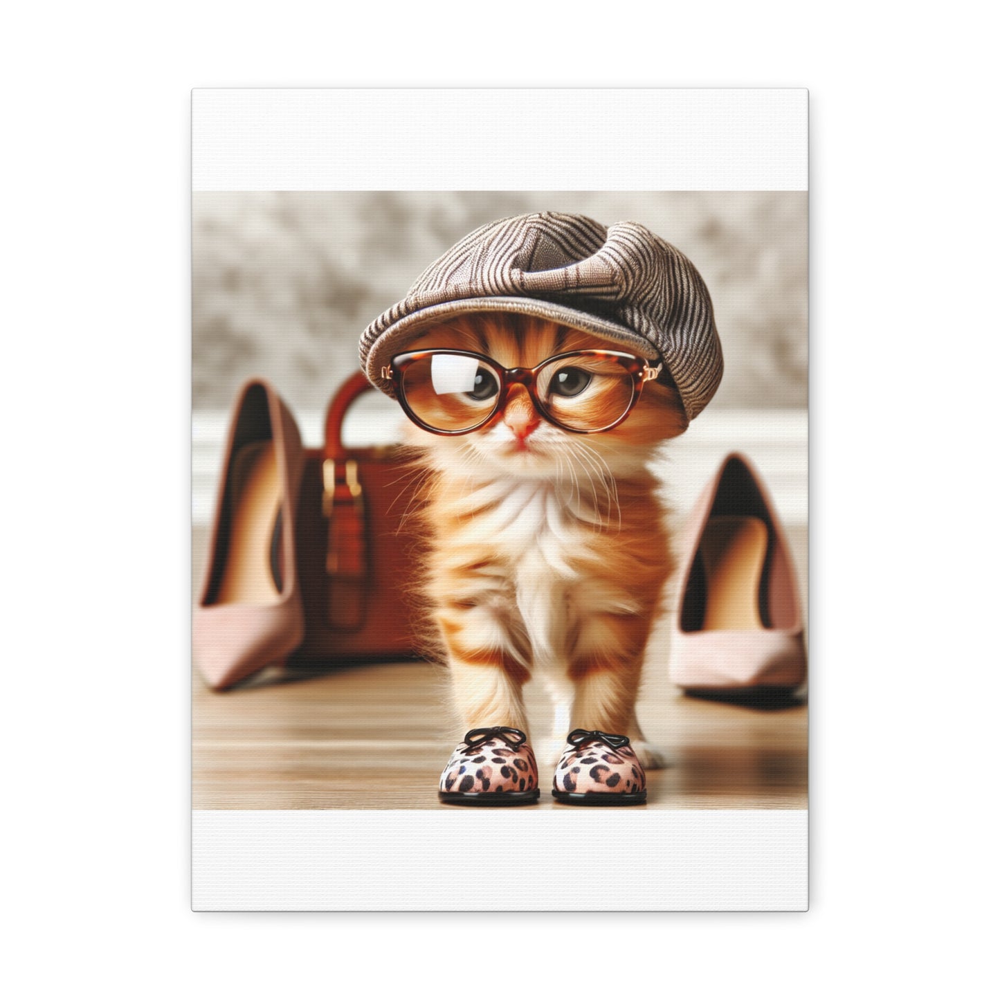 Canvas Wall Art - Cool Cat With Lady Shoes, Cap, and Eyeglasses