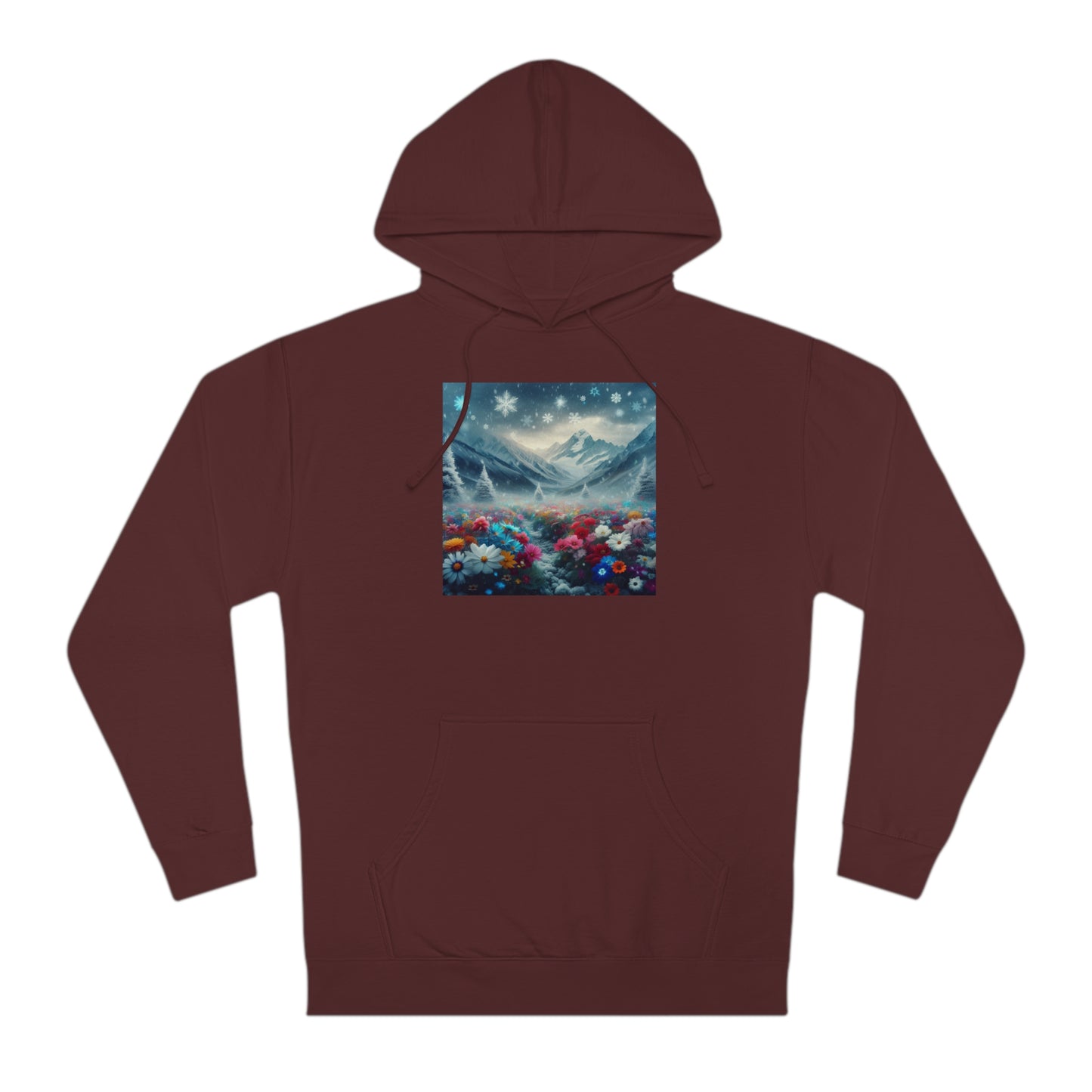 Snowing on the Mountain of Flowers Hoodie, Floral Winter Sweatshirt, Nature Lover Gift, Cozy Mountain View Pullover, Snowy Botanical Hoodie,