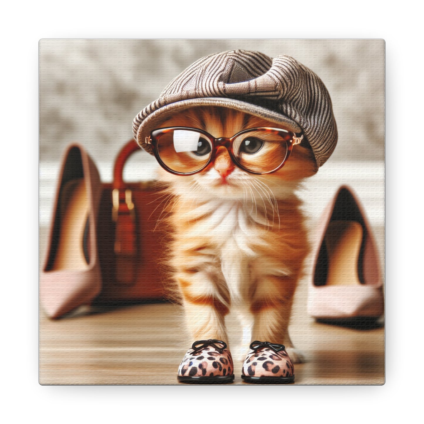 Canvas Wall Art - Cool Cat With Lady Shoes, Cap, and Eyeglasses