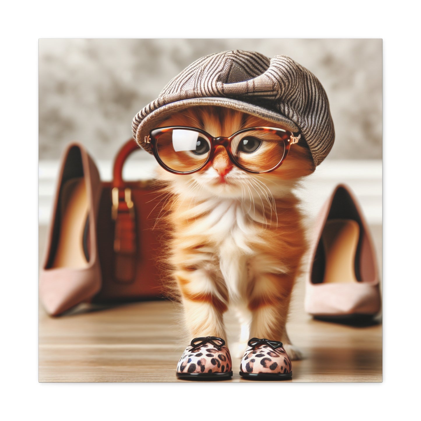 Canvas Wall Art - Cool Cat With Lady Shoes, Cap, and Eyeglasses