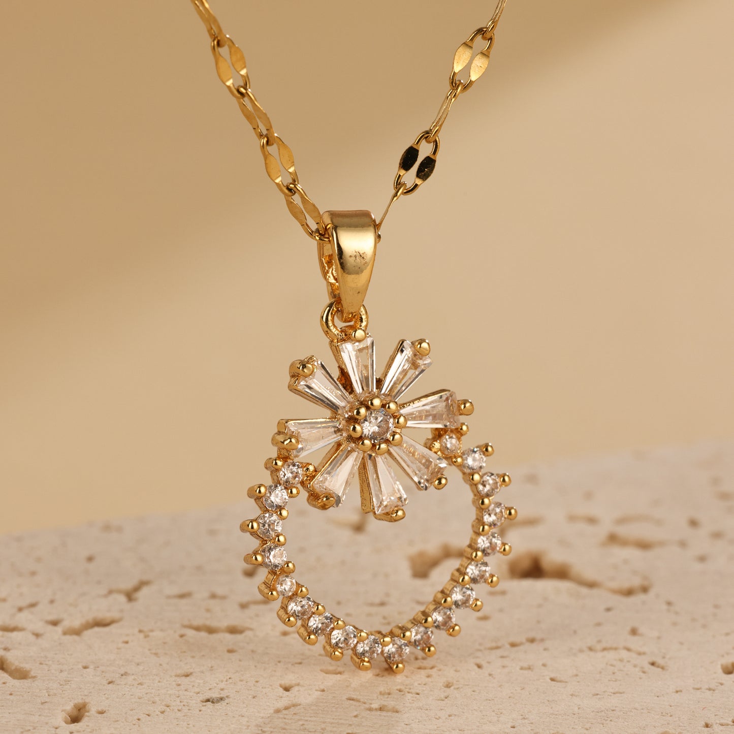 Gold Necklace with Zircon Flower Pendant – Instagram Trendy Geometric Small Flower Design