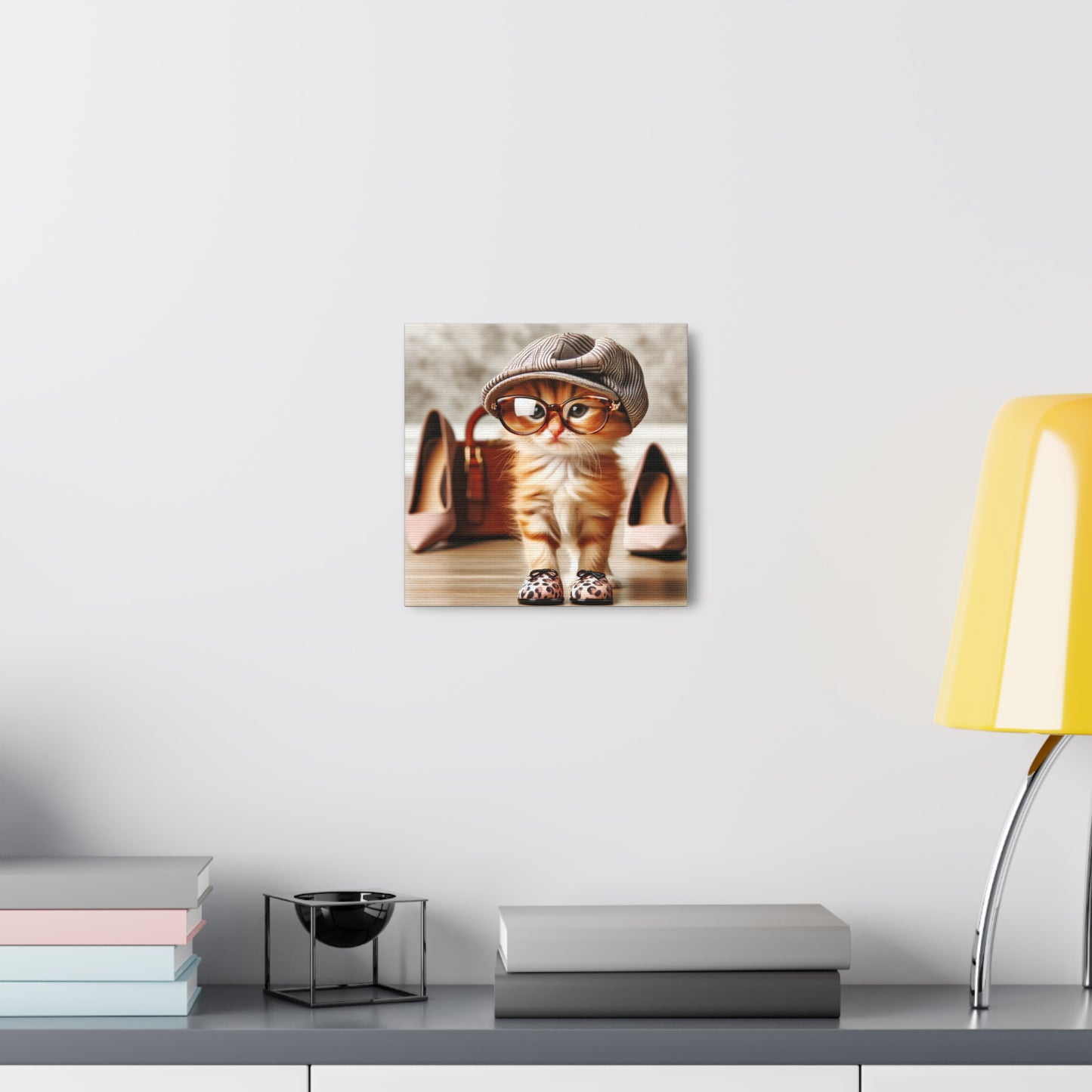 Canvas Wall Art - Cool Cat With Lady Shoes, Cap, and Eyeglasses