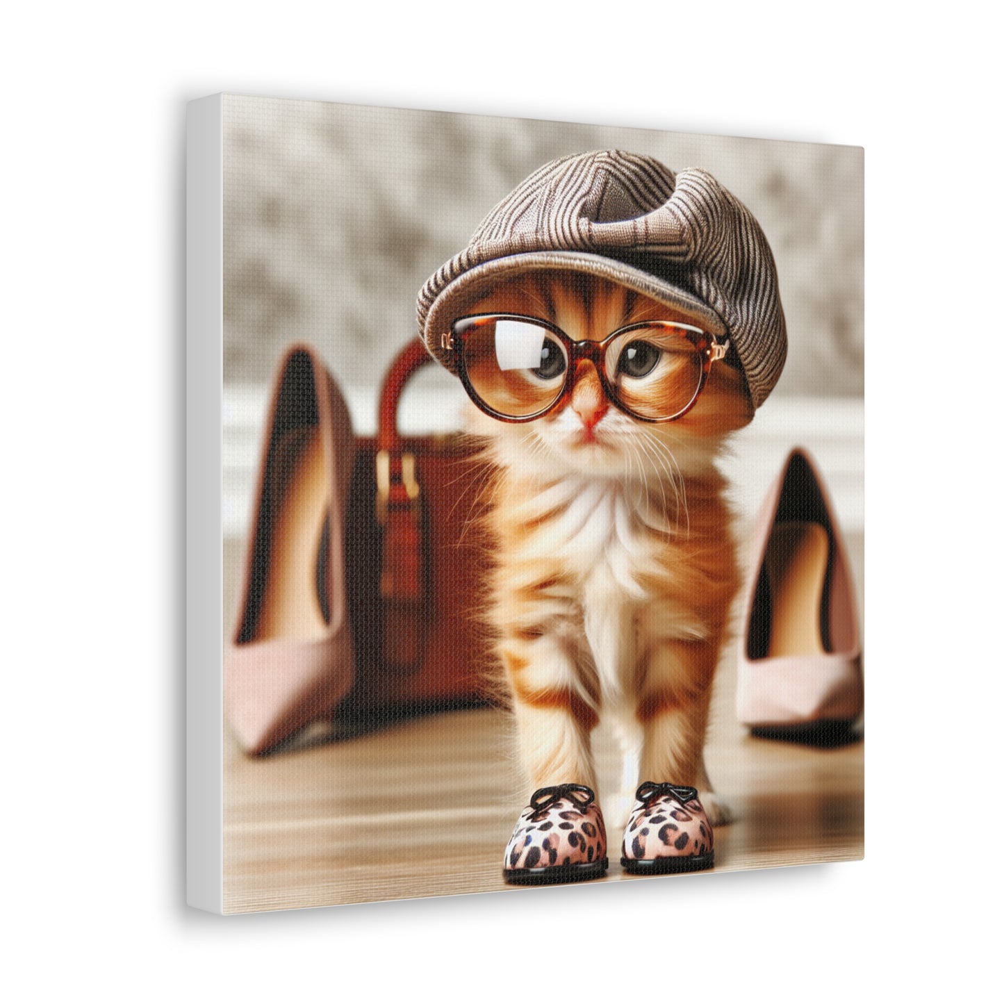 Canvas Wall Art - Cool Cat With Lady Shoes, Cap, and Eyeglasses