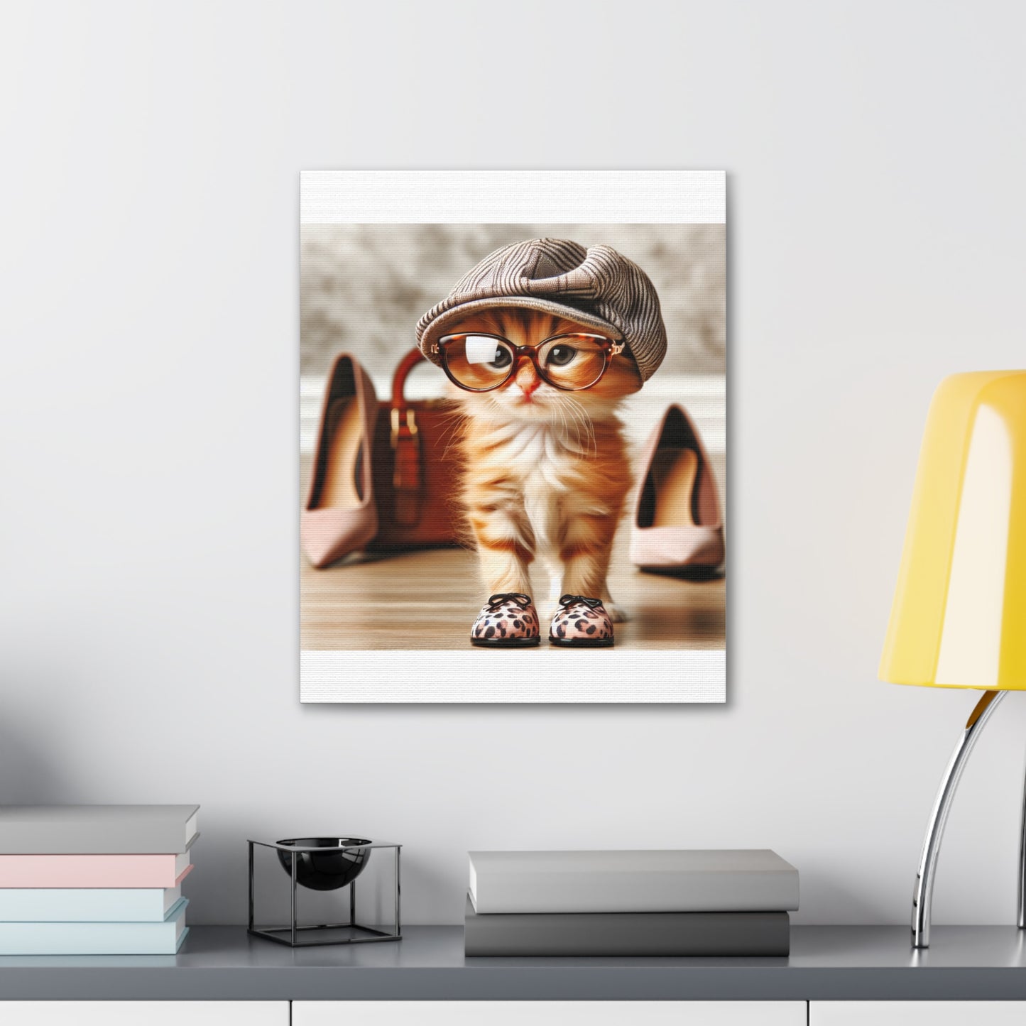 Canvas Wall Art - Cool Cat With Lady Shoes, Cap, and Eyeglasses