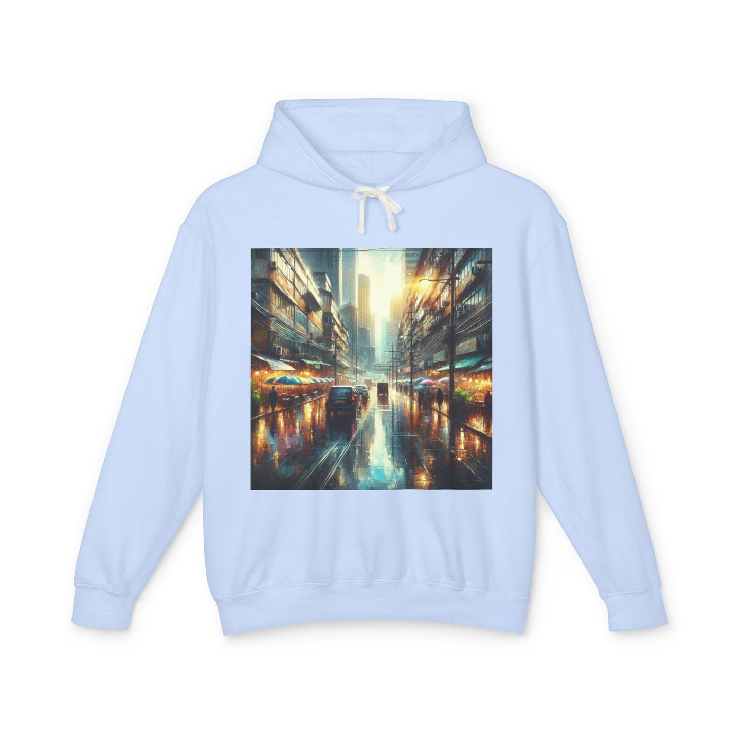 Rainy Sunny Day Lightweight Hoodie, Moody Urban Landscape Sweatshirt, High Contrast Street Photography Pullover, Cityscape Hooded Top,