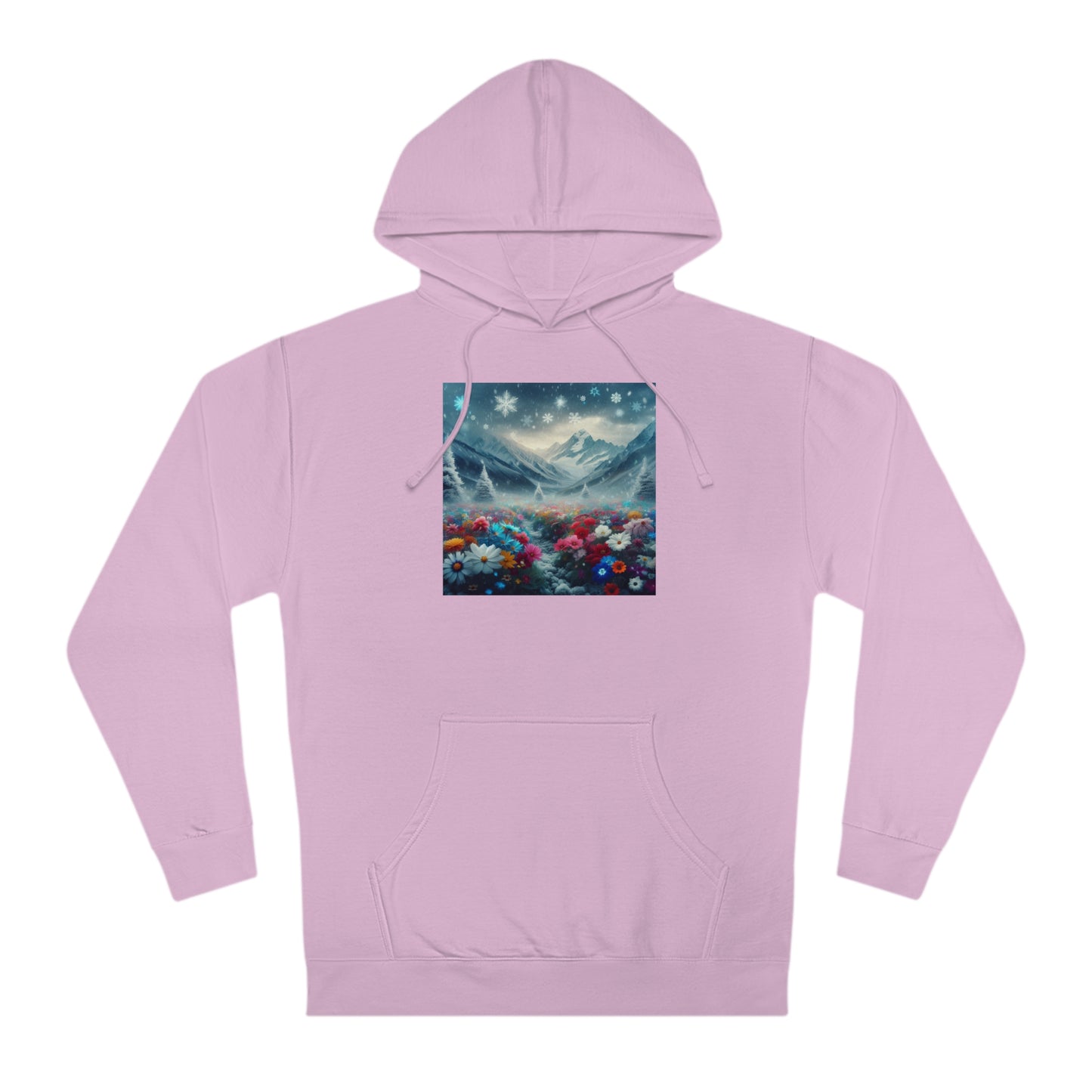 Snowing on the Mountain of Flowers Hoodie, Floral Winter Sweatshirt, Nature Lover Gift, Cozy Mountain View Pullover, Snowy Botanical Hoodie,