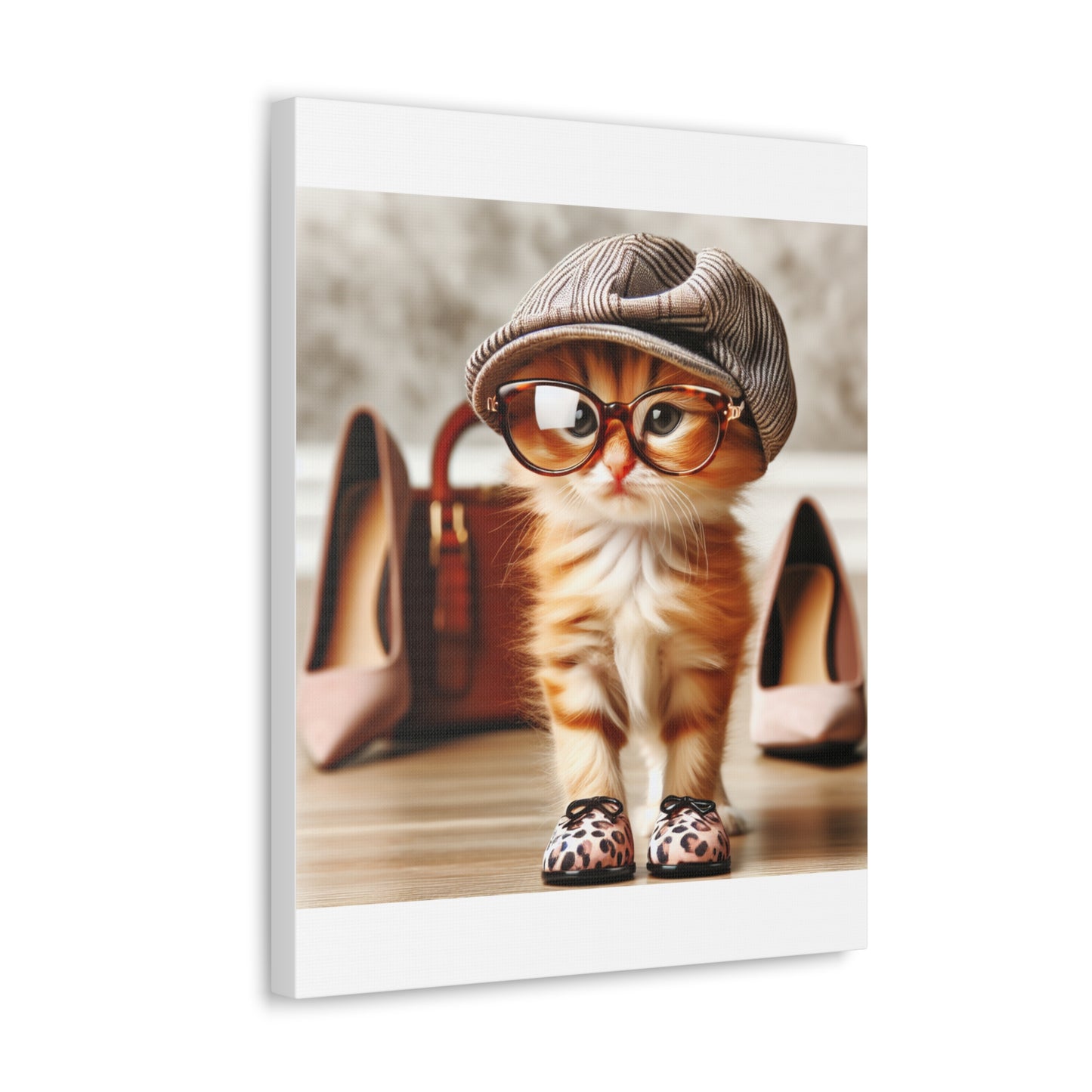 Canvas Wall Art - Cool Cat With Lady Shoes, Cap, and Eyeglasses