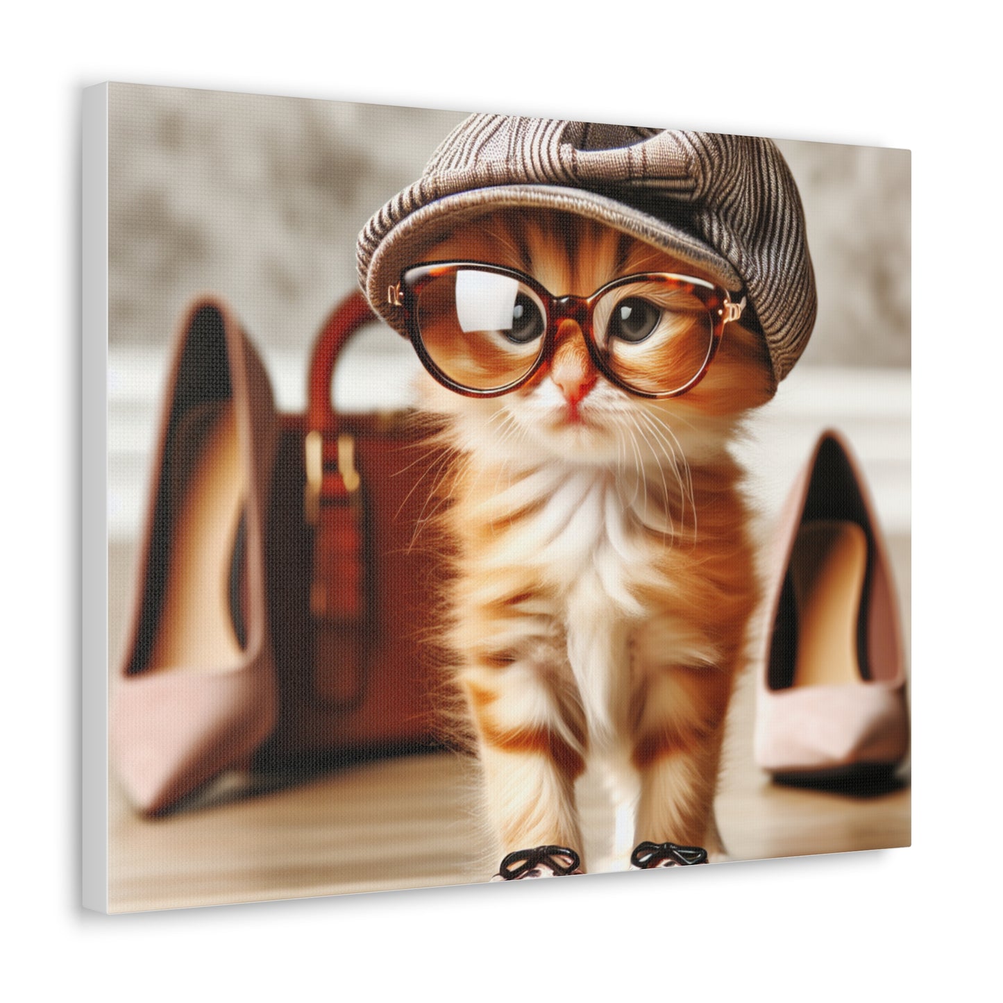 Canvas Wall Art - Cool Cat With Lady Shoes, Cap, and Eyeglasses