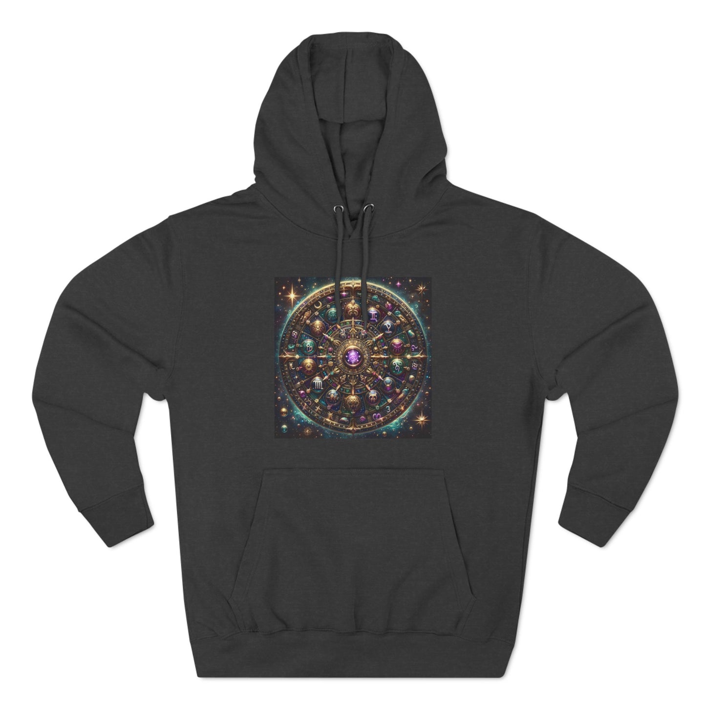 Zodiac Wheel Three-Panel Fleece Hoodie, Astrology Enthusiasts Gift, Mystical Zodiac Signs, Cosmic Vibes, Starry Background, Metallic Design,