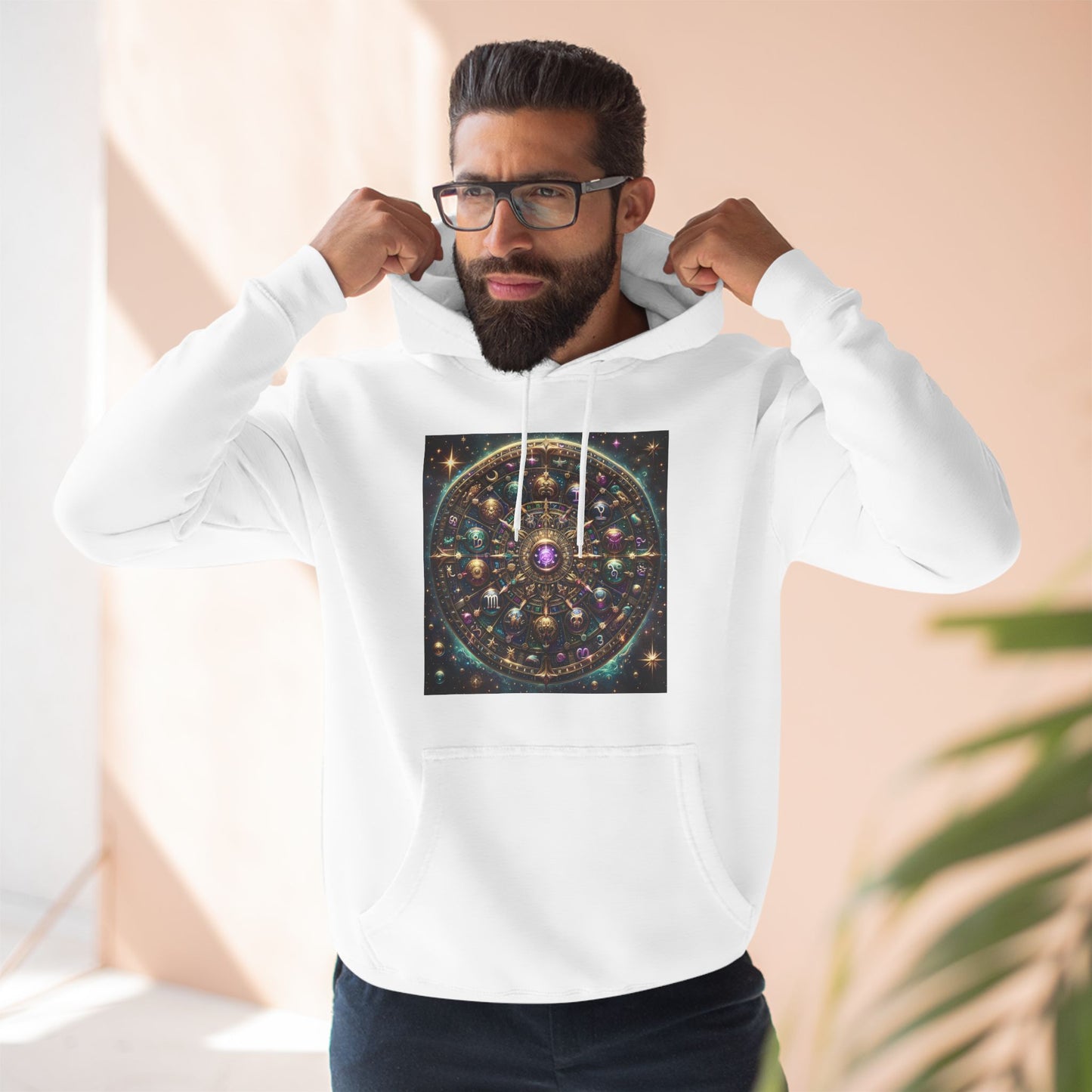 Zodiac Wheel Three-Panel Fleece Hoodie, Astrology Enthusiasts Gift, Mystical Zodiac Signs, Cosmic Vibes, Starry Background, Metallic Design,