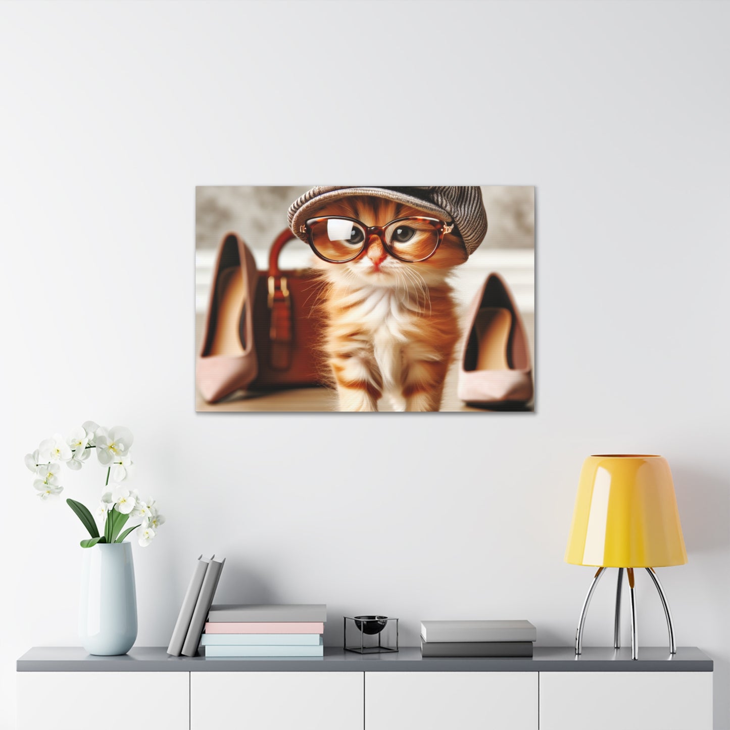 Canvas Wall Art - Cool Cat With Lady Shoes, Cap, and Eyeglasses