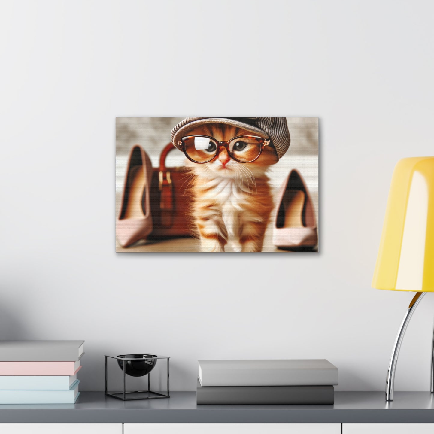 Canvas Wall Art - Cool Cat With Lady Shoes, Cap, and Eyeglasses